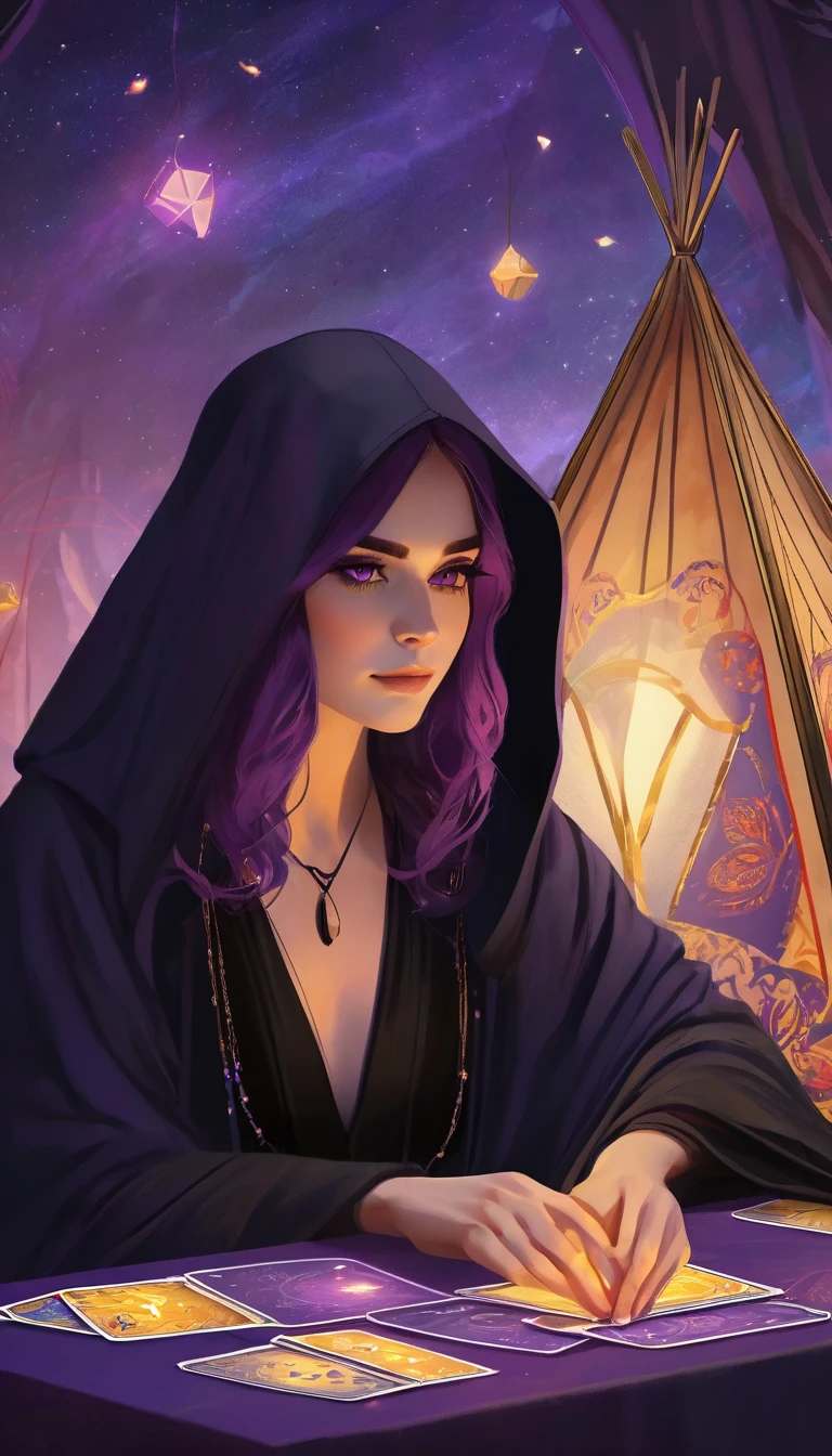 A poster promoting fortune telling using tarot cards in a triangular tent. Beautiful young fortune teller in a black robe。A line is drawn from the cheek to the nose.。. Colored spots on eyebrows Bohemian style Mysterious atmosphere Mainly purple Leave 1/3 spaces at the top for text.
Fine Art: destiny