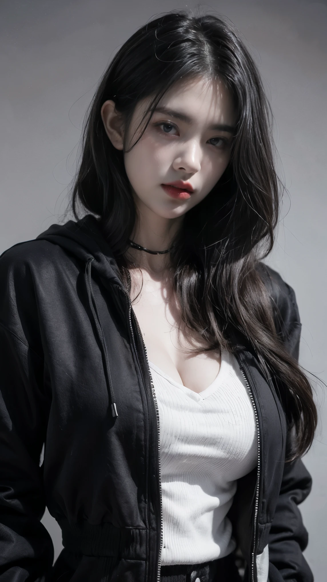 photorealistic, high resolution, (cowboy shot:1), soft light,1 girl, (Standing with Hand in Hair pose), (detailed face), brown black hair, long hair, plumpy body, cleavage, narutal big breast, (cloth colors based on black and white), (wear black bomber hoodie), (gray background), gray background