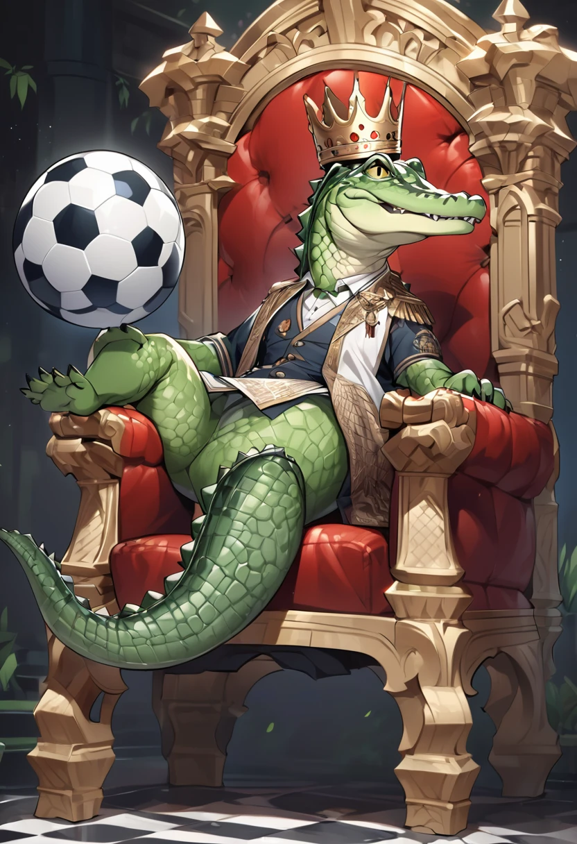 "Generate an image of an alligator sitting on a throne, wearing a crown and with a soccer ball under his foot."