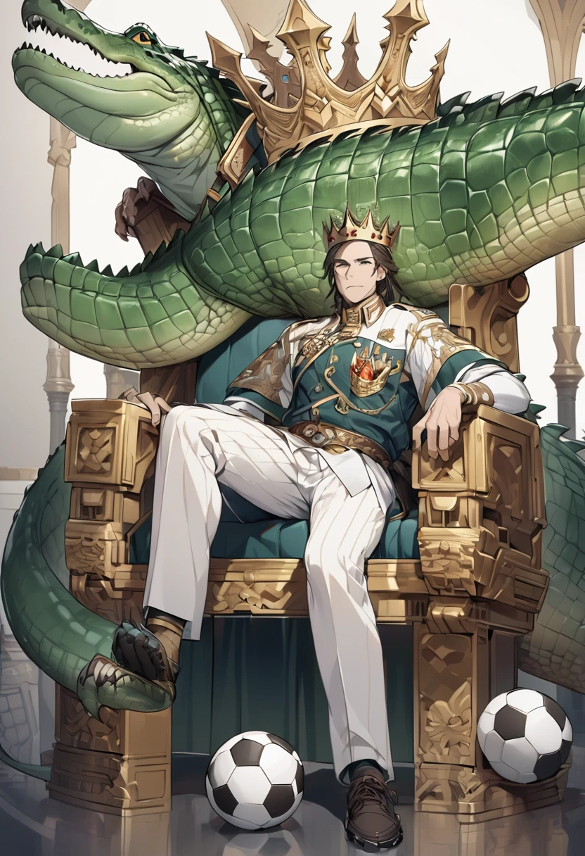 "Generate an image of an alligator sitting on a throne, wearing a crown and with a soccer ball under his foot."