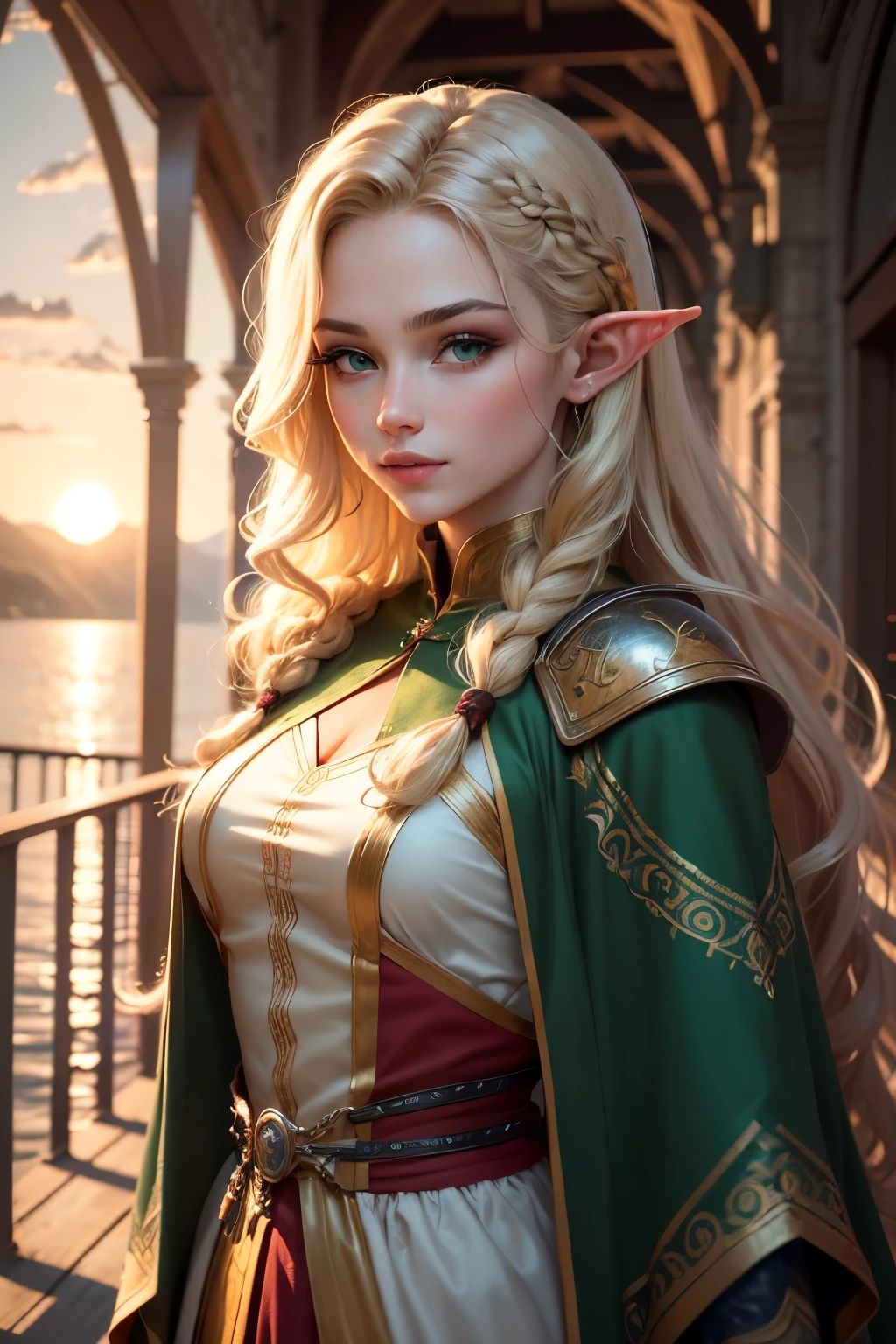 ((best quality)), ((masterpiece)), (detailed), Prize-winning works, with incredible details, maximum textures and details, uhd ,8K,super resolution ,depth of field, retina, masterpiece, anatomically correct, textured skin, super detail, high details, highres ,1 A Female Elf , Long wavy blonde hair, greeneyes, green and gold cloak, green and gold medieval dress , sunset ,hair in the wind,very long blonde braid hair ,((loiro long hair,)),shy smile,similar to the work of JRR Tolkien,longCap ,lightweight armour,fully body, hyper-detailed piercing eyes , (25 year old young man :1.1,detailedeyes, face detailed, whole body:1.1,the background is the same as Lothlórien  ),(best qualityer:1.2,ultra detali:1.1,realisitic:1.37) ,eyeshadows,sharp focus,swirly vibrant colors,)