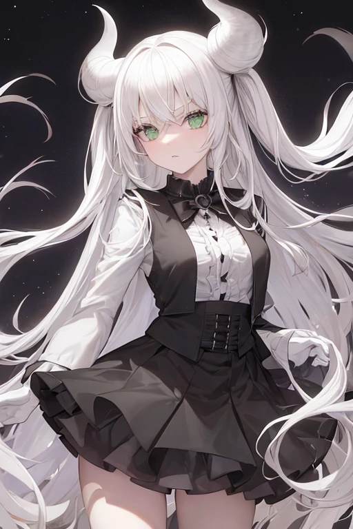 girl, green eyes, long white hair, expressionless look, White jacket, short black skirt, black boots, white gloves, 2 demonic horns, (dark city at night)