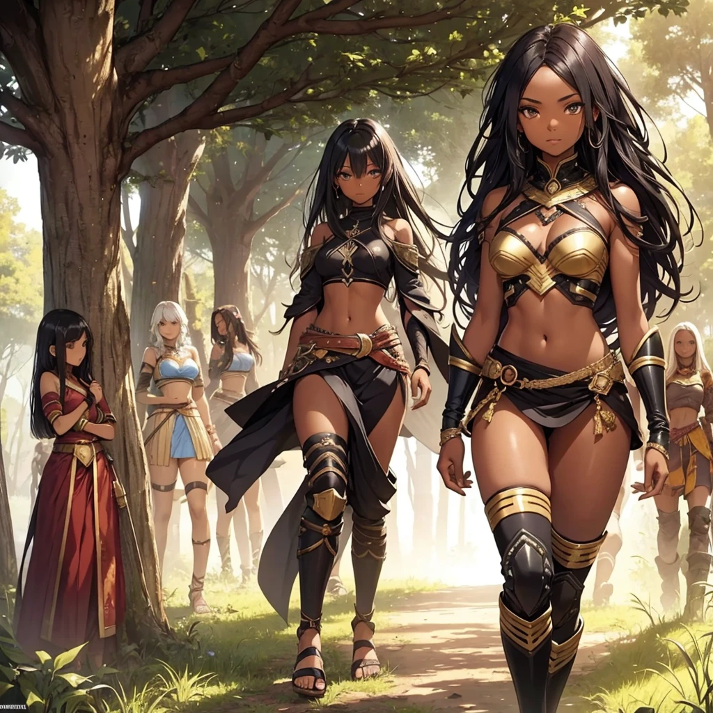 African warrior girl, black skin , dark skin , only girls , forest in the background ,five girls,long skirt, sandals , multiple girls ,exposed belly, toned body, slim body, curves , black hair, light armor , knee pads, elbow pads,