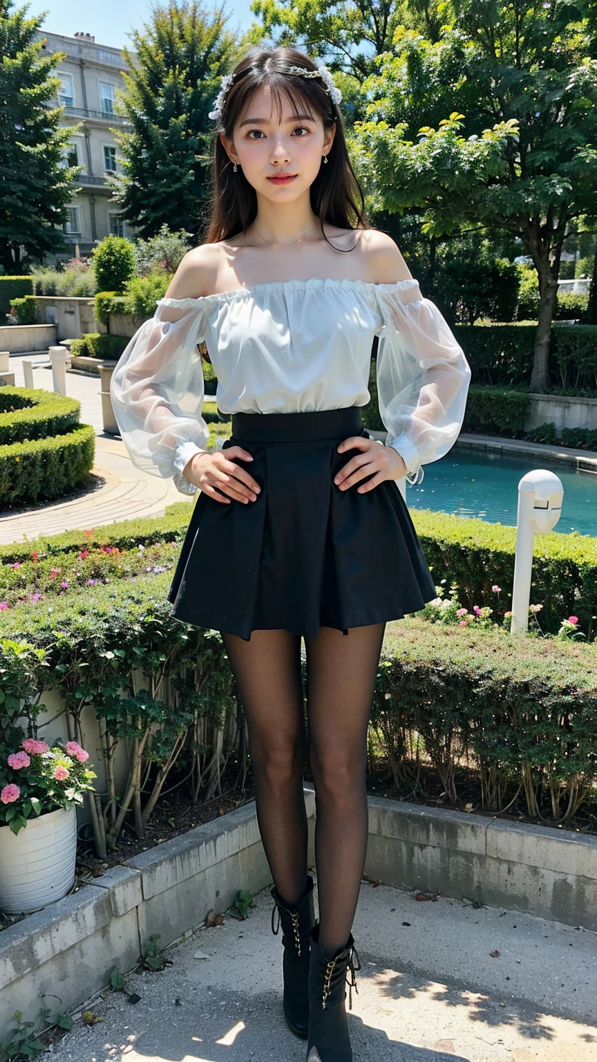 (8K、RAW Photos、Highest quality、masterpiece:1.2)、(Highest quality、Realistic)、1 Girl、((Frills、See-through、Off the shoulder、tights、Light blue and black mini skirt、Thin legs、whole body、boots、garden、View from the front、Looking into the camera、Idol Costume、、Stand with hands on hips))、cute