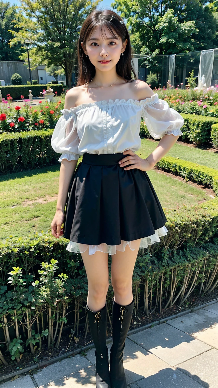 (8K、RAW Photos、Highest quality、masterpiece:1.2)、(Highest quality、Realistic)、1 Girl、((Frills、See-through、Off the shoulder、tights、Light blue and black mini skirt、Thin legs、whole body、boots、garden、View from the front、Looking into the camera、Idol Costume、、Stand with hands on hips))、cute
