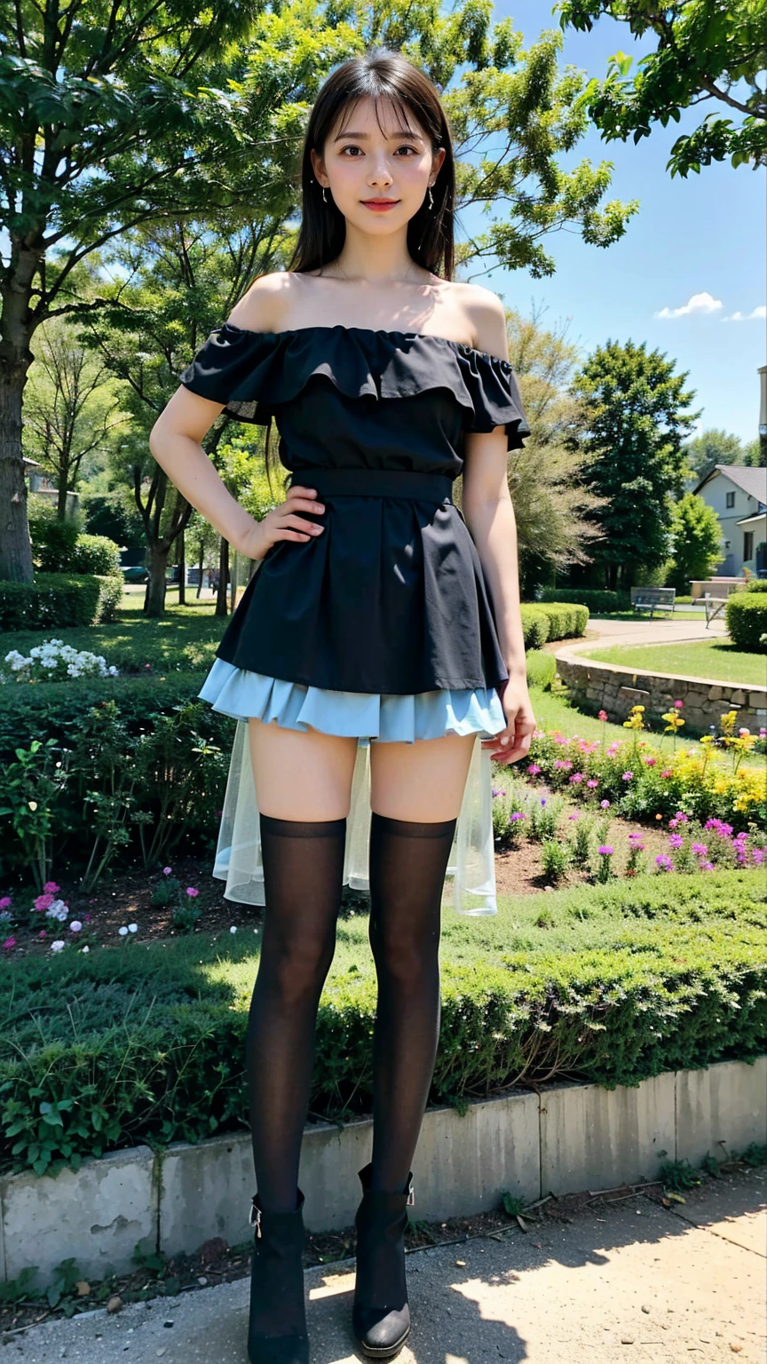 (8K、RAW Photos、Highest quality、masterpiece:1.2)、(Highest quality、Realistic)、1 Girl、((Frills、See-through、Off the shoulder、tights、Light blue and black mini skirt、Thin legs、whole body、boots、garden、View from the front、Looking into the camera、Idol Costume、、Stand with hands on hips))、cute