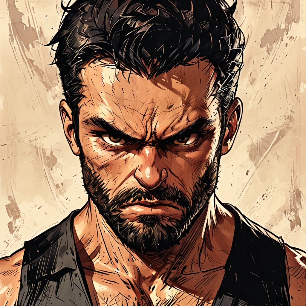 angry portrait of a man in the sky,   sky, man, Adult, Italian, Mesomorph Muscular body, perfect Olive skin, short Muscular neck, Rectangle faces, broad Muscular shoulders, Attached  Cupped Symmetrical Ears, Low Forehead, black short combed back hair, Fleshy nose, Bold Tapered black Eyebrows, High Angular Symmetrical Prominent Cheekbones, Heart-Shaped Cheeks, triangular Chin, Angular jawline, brown Upturned eyes, Thin nude Lips, Designer Stubble black whiskers, triangular black hair beard, big muscles,  graphic style of novel comics style,dark novel style, comic style, 2d, 8k, hyperrealism, masterpiece, high resolution, best quality, ultra-detailed, super realistic, Hyperrealistic art, high-quality, ultra high res, highest detailed, lot of details, Extremely high-resolution details, incredibly lifelike, colourful, soft cinematic light,