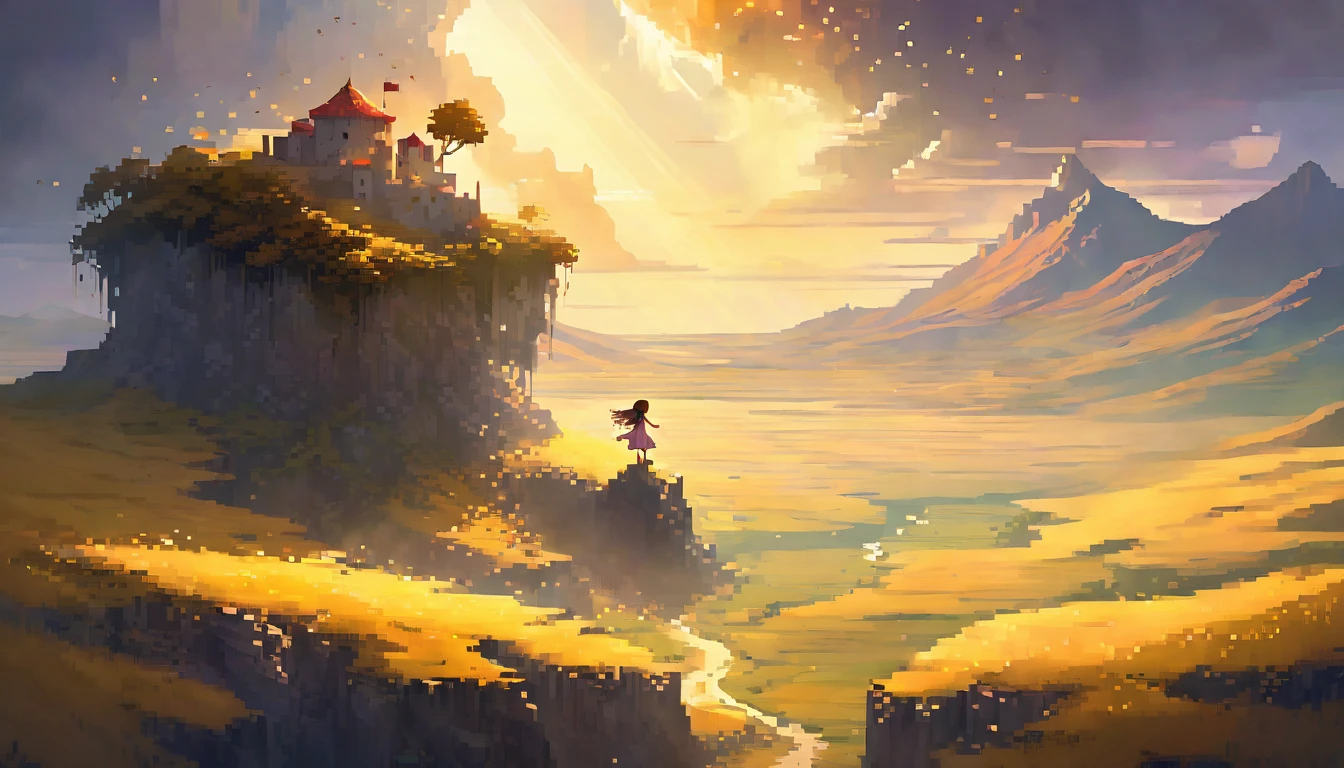 a young girl falling from the sky, fantasy landscape, golden hour lighting, dramatic lighting, muted color palette