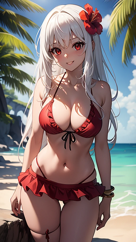 masterpiece, best quality, 1 solo girl, white hair, red eyes, long hair, medium breasts, sexy body and face, wavy hair, smile, parted lips, bikini, red bikini skirt, navel, sandals, cleavage, collarbone, bare shoulders, jewelry, bracelet, blue scarf, ribbon, hibiscus, frills, sleeveless, hair flower, toeless footwear, outdoors, summer, sexy pose, cowboy shots, detailed body, face, and eyes, sharp focus, vibrant, creative, dynamic, high definition, high resolution, 8k, (Upscale: R-ESRGAN 4x+ Anime6mage enchance:4x), voluptuous body, cinema lightning, dakimakura style, looking at the viewer,