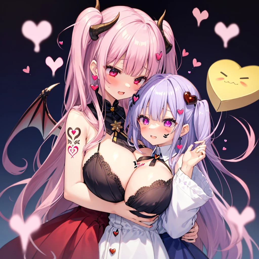 Details, ultra-detailliert, masterpiece, top-quality, Beautiful fece, A detailed eye, (2 women:1.4), Two Succubi (symmetrical succubus wings), (twins:1.2), (ribbon:1.1), (two side up), tie, Bree, earrings, Suspicious face, (white background:1.3), alicious smile, Bruises and ugly facial features, young features, long-sleeve, fluffy sleeves, fluffy hair, (Open your mouth and laugh), Chiquita, Colossal , (Put your hands on your face), Ruffled uniforms, hair clips, (Ridicule:1.1), looking-down, Angle , respected by women, (upward looking gaze:1.2), (hearts symbol:1.5), (lump of heart:1.5), (heart effect:1.5), (heart mark:1.5), demon tail, Devil's Taiuccubus, (super Colossal :1.3), (heart tattoo:1.3), Yodare, Devil's Tail,  Alignment,  Girl Sandwich face sandwich (confused and blushing,kawaii facepose your ), hug each other, catch them, そしてサンドイッチを作ってサンドイッチにhug each otherポーズ, burying boy's face in cleavage, sandwich from front and back, Sullen expression 4p, boy looking away
