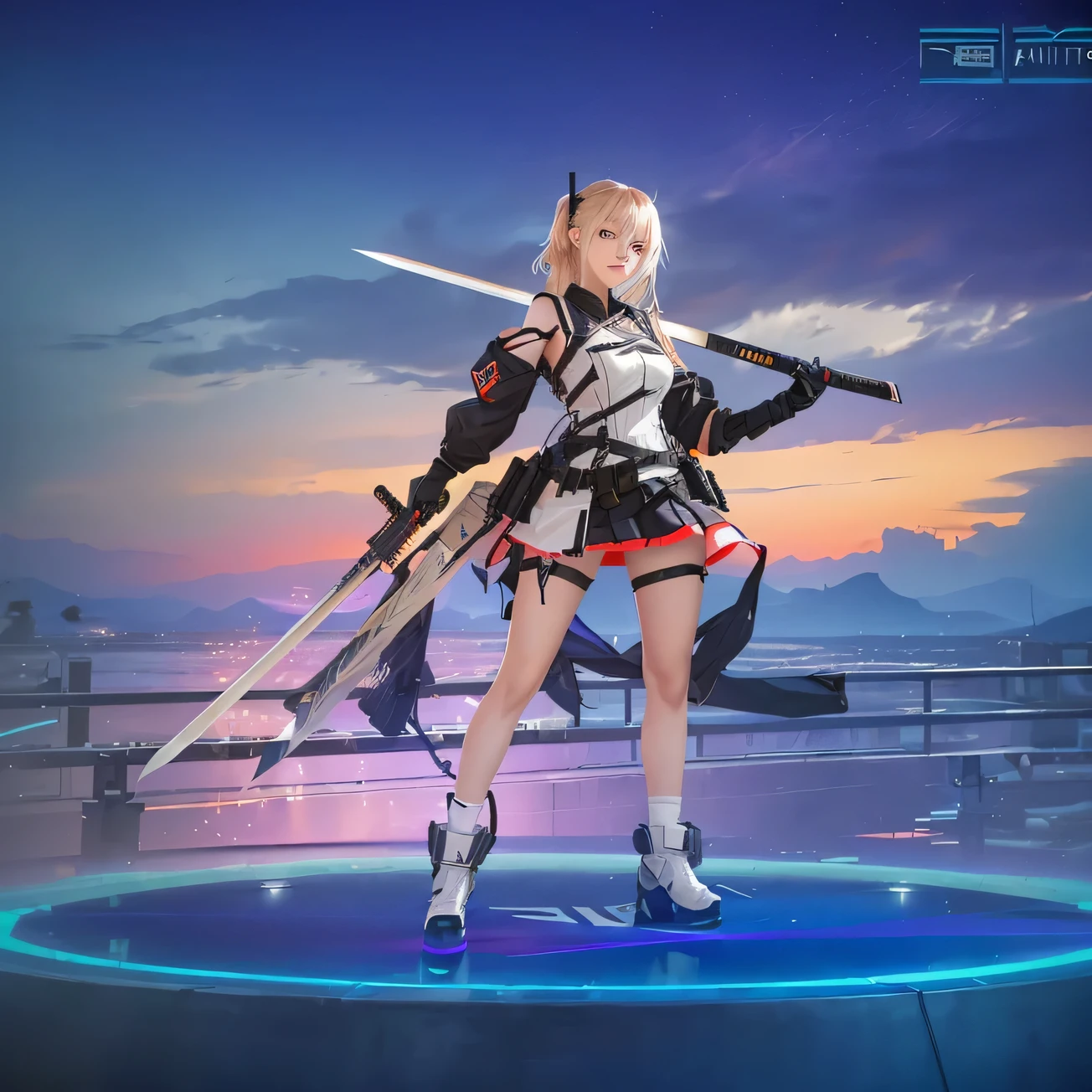 a woman in a short dress holding a sword and standing on a platform, katana zero video game character, m4 sopmod ii girls frontline, from arknights, female action realistic girl, 