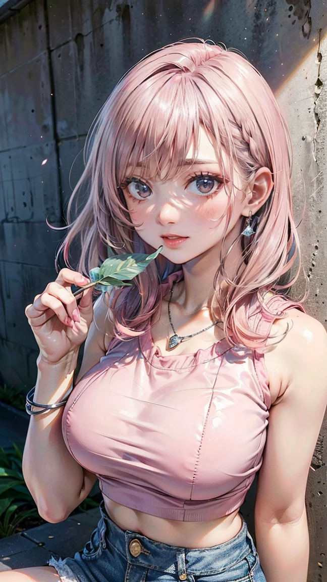 (Masterpiece, BestQuality:1.3), (ultra detailed:1.2), (hyperrealistic:1.3), (RAW photo:1.2), High detail RAW color photo, professional photograph, (Photorealistic:1.4), (realistic:1.4), (Pink Hair:1.5), professional lighting, perfect anatomy, (:1.2), (blush, detailed face), (cheerful Smile:1.5), Trending Hair&Trending Hairカラーをランダムに, earrings, necklace, bracelet, sexly, erotsexly, sexy gure poses, (Atctive beautiful woman in pink crop top and denim skirt、Smiling while eating ice cream on a street corner、Silver Anklet、Wall leaning pose。: 1.3)