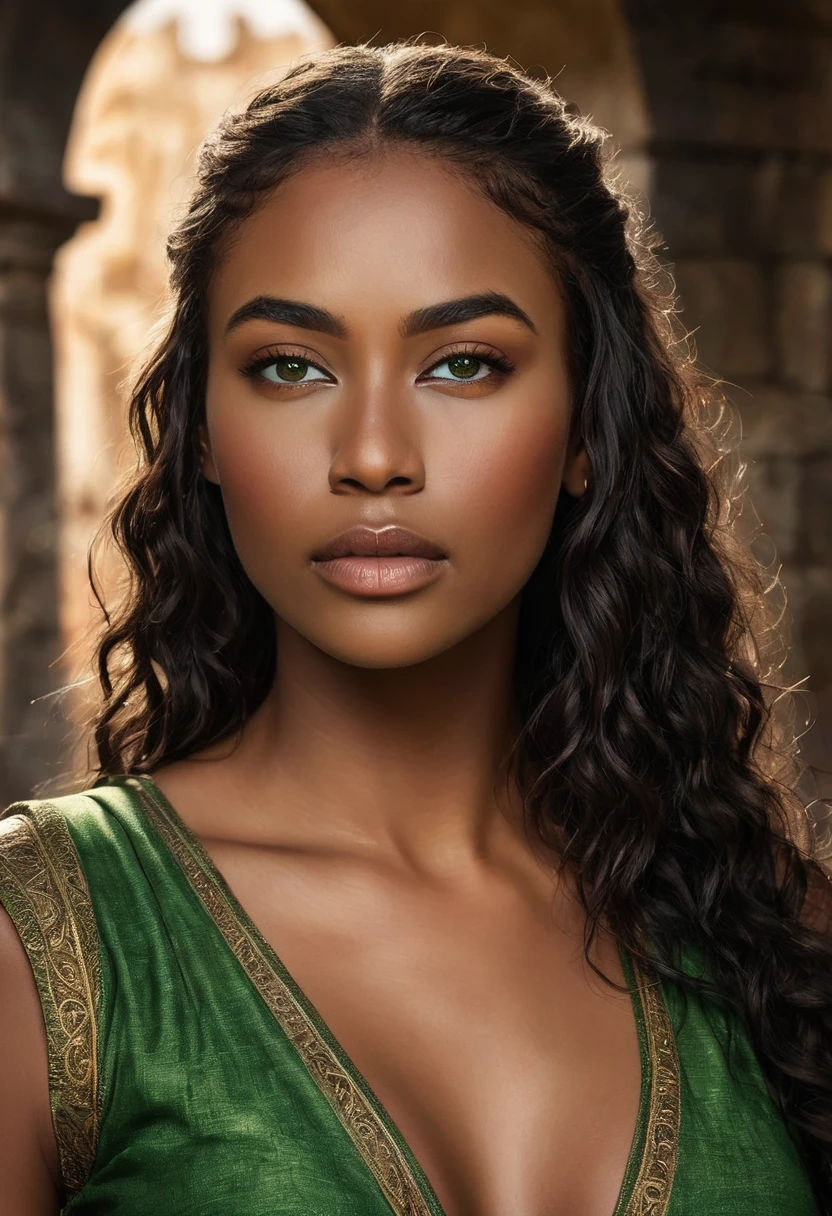 Create epic, cinematic scene, Female Warrior, best quality, masterpiece, a powerful warrior. The warrior's destroyed castle, she is the only survivor. Alone warrior, scene of war and destruction. Strong warrior to rebuild your destroyed castle. She stands up to win, eyes open and head high. Confident pose. broken armor. A woman in armor. (beautiful warrior, strong and muscular woman, determined expression, fierce gaze, athletic build, confident pose). a beautiful 30 year old warrior, beautiful young black woman with dark skin. Curly black hair with brown highlights, Voluminous black hair with brown highlights, green eyes, eye is green, green and expressive eyes, beautiful green eyes, realistic green eyes, detailed green eyes, ultra-realistic, symmetrical, hyper-realistic, (eyeliner, eyelashes long). Perfect eyebrows and they are thick. the nose is small and proportional to the face and the soft contour of the face that accentuates the high cheekbones. Attractive and irresistible mouth, well-defined lips, full lips, voluminous lips, seductive lips, captivating, striking, unforgettable and enigmatic. The face is oval, with high cheekbones and a well-defined chin, a beautiful and detailed face. Makeup: Makeup is subtle. Skin tone: Olive skin, healthy and even glow, with olive skin, dark skin, sexy girl with olive skin, detailed skin texture, beautiful and glowing skin, intricate details, smooth skin, healthy and radiant appearance. 50 mm lens, f/2.8, hdr, (8K) RAW photo, high quality resolution 8K uhd, dslr, 2k, 4K, 8K, 16K. Dramatic canary of destruction, chaos, night war, burning flames, a true hell, scene of war and destruction all around the castle. Fallen walls, warrior inside a castle, game of thornes style, lord of the rings.