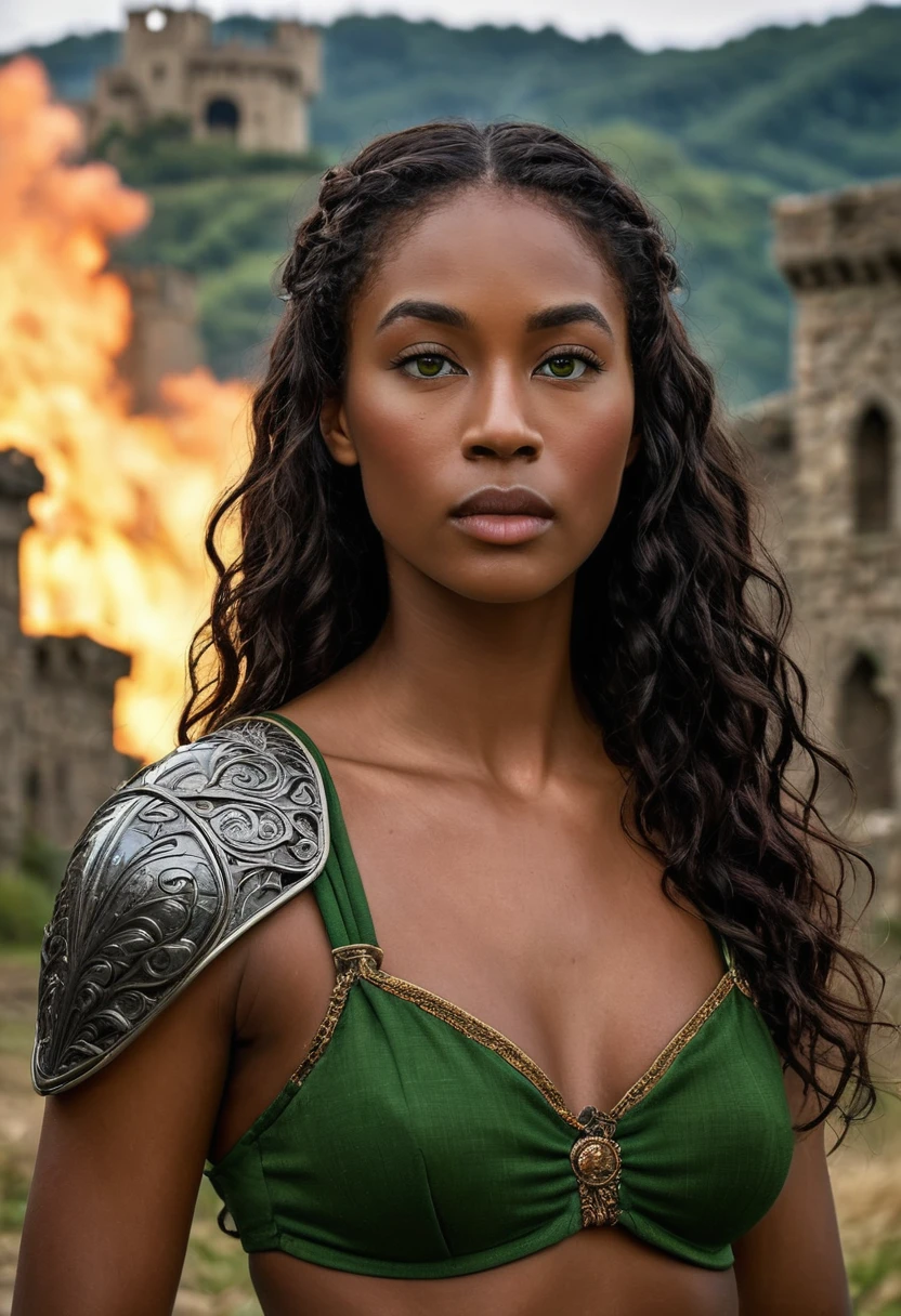 Create epic, cinematic scene, Female Warrior, best quality, masterpiece, a powerful warrior. The warrior's destroyed castle, she is the only survivor. Alone warrior, scene of war and destruction. Strong warrior to rebuild your destroyed castle. She stands up to win, eyes open and head high. Confident pose. broken armor. A woman in armor. (beautiful warrior, strong and muscular woman, determined expression, fierce gaze, athletic build, confident pose). a beautiful 30 year old warrior, beautiful young black woman with dark skin. Curly black hair with brown highlights, Voluminous black hair with brown highlights, green eyes, eye is green, green and expressive eyes, beautiful green eyes, realistic green eyes, detailed green eyes, ultra-realistic, symmetrical, hyper-realistic, (eyeliner, eyelashes long). Perfect eyebrows and they are thick. the nose is small and proportional to the face and the soft contour of the face that accentuates the high cheekbones. Attractive and irresistible mouth, well-defined lips, full lips, voluminous lips, seductive lips, captivating, striking, unforgettable and enigmatic. The face is oval, with high cheekbones and a well-defined chin, a beautiful and detailed face. Makeup: Makeup is subtle. Skin tone: Olive skin, healthy and even glow, with olive skin, dark skin, sexy girl with olive skin, detailed skin texture, beautiful and glowing skin, intricate details, smooth skin, healthy and radiant appearance. 50 mm lens, f/2.8, hdr, (8K) RAW photo, high quality resolution 8K uhd, dslr, 2k, 4K, 8K, 16K. Dramatic canary of destruction, chaos, night war, burning flames, a true hell, scene of war and destruction all around the castle. Fallen walls, warrior inside a castle, game of thornes style, lord of the rings.