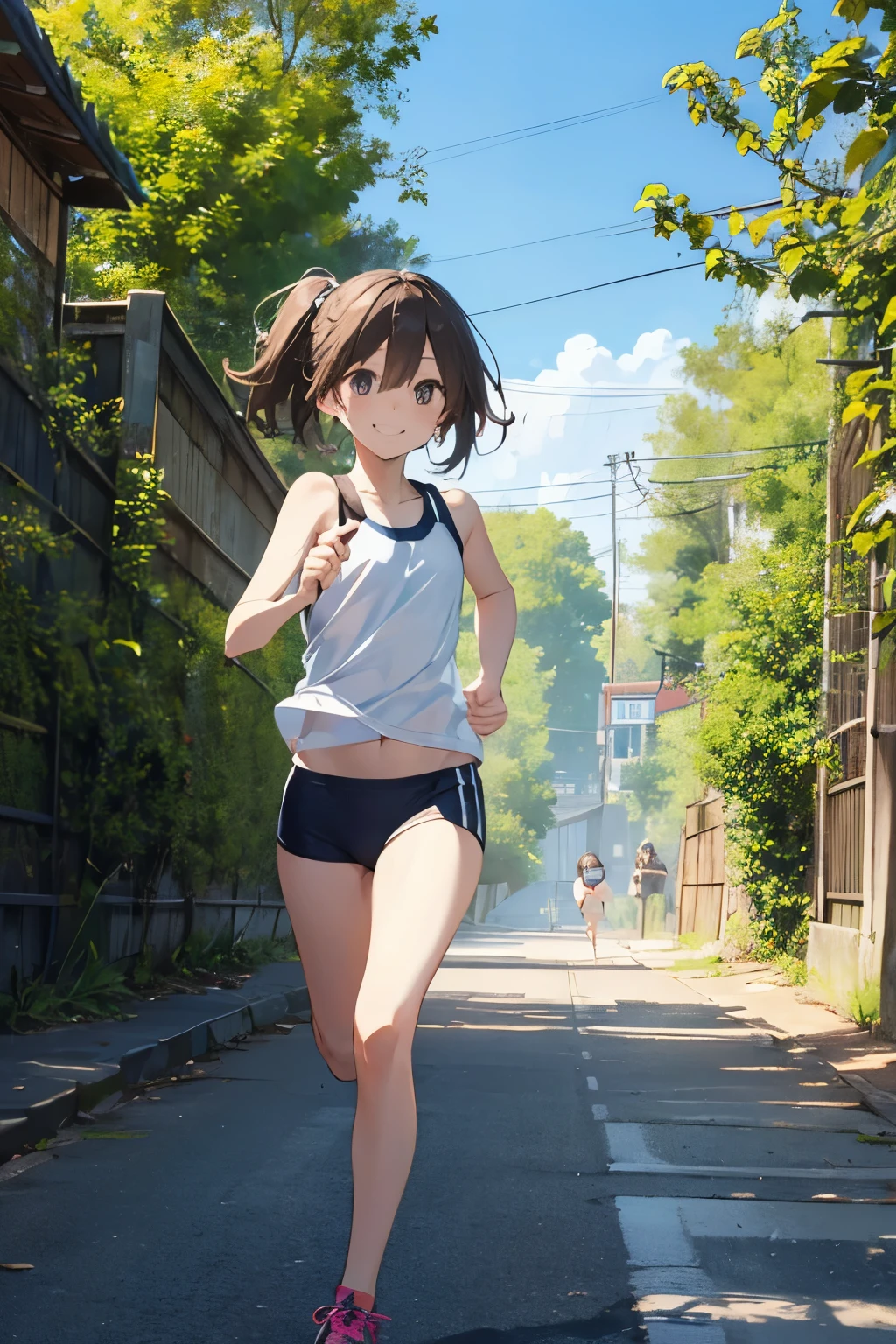 (Cute older sister:1.3)、 smile,Summer atmosphere、Tank top、Brown Hair、 (Running 1.3)
