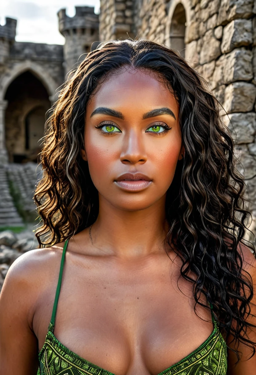 Create epic, cinematic scene, Female Warrior, best quality, masterpiece, a powerful warrior. The warrior's destroyed castle, she is the only survivor. Alone warrior, scene of war and destruction. Strong warrior to rebuild your destroyed castle. She stands up to win, eyes open and head high. Confident pose.  broken armor. A woman in armor. (beautiful warrior, strong and muscular woman, determined expression, fierce gaze, athletic build, confident pose). a beautiful 30 year old warrior, beautiful young black woman with dark skin. Curly black hair with brown highlights, Voluminous black hair with brown highlights, green eyes, eye is green, green and expressive eyes, beautiful green eyes, realistic green eyes, detailed green eyes, ultra-realistic, symmetrical, hyper-realistic, (eyeliner, eyelashes long). Perfect eyebrows and they are thick. the nose is small and proportional to the face and the soft contour of the face that accentuates the high cheekbones. Attractive and irresistible mouth, well-defined lips, full lips, voluminous lips, seductive lips, captivating, striking, unforgettable and enigmatic. The face is oval, with high cheekbones and a well-defined chin, a beautiful and detailed face. Makeup: Makeup is subtle. Skin tone: Olive skin, healthy and even glow, with olive skin, dark skin, sexy girl with olive skin, detailed skin texture, beautiful and glowing skin, intricate details, smooth skin, healthy and radiant appearance. 50 mm lens, f/2.8, hdr, (8K) RAW photo, high quality resolution 8K uhd, dslr, 2k, 4K, 8K, 16K. Dramatic canary of destruction, chaos, night war, burning flames, a true hell, scene of war and destruction all around the castle. Fallen walls, warrior inside a castle, game of thornes style, lord of the rings.
