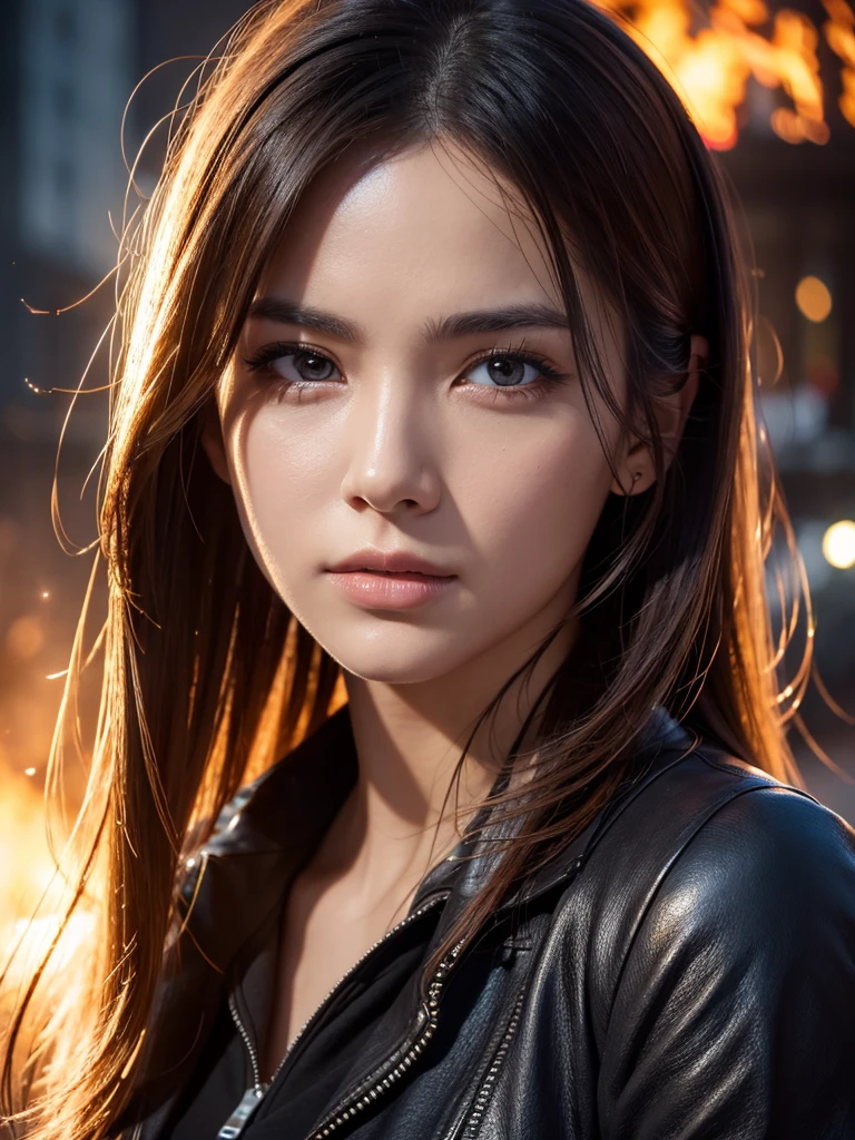 a beautiful woman with serious expression, torn clothing, detailed face and eyes, skin, in a destroyed cityscape with burning flames, 4k, 8k, highres, masterpiece:1.2, ultra-detailed, realistic, photorealistic, photo-realistic:1.37, HDR, UHD, studio lighting, ultra-fine painting, sharp focus, physically-based rendering, extreme detail description, professional, vivid colors, bokeh, portrait