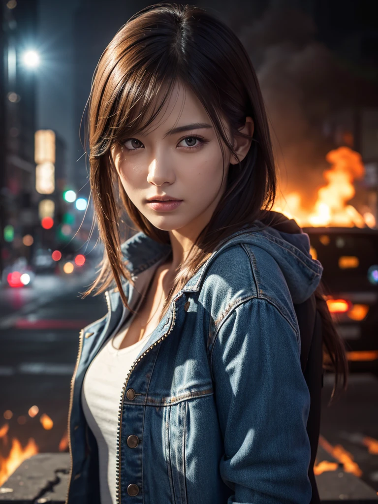 a beautiful woman with serious expression, torn clothing, detailed face and eyes, skin, in a destroyed cityscape with burning flames, 4k, 8k, highres, masterpiece:1.2, ultra-detailed, realistic, photorealistic, photo-realistic:1.37, HDR, UHD, studio lighting, ultra-fine painting, sharp focus, physically-based rendering, extreme detail description, professional, vivid colors, bokeh, portrait