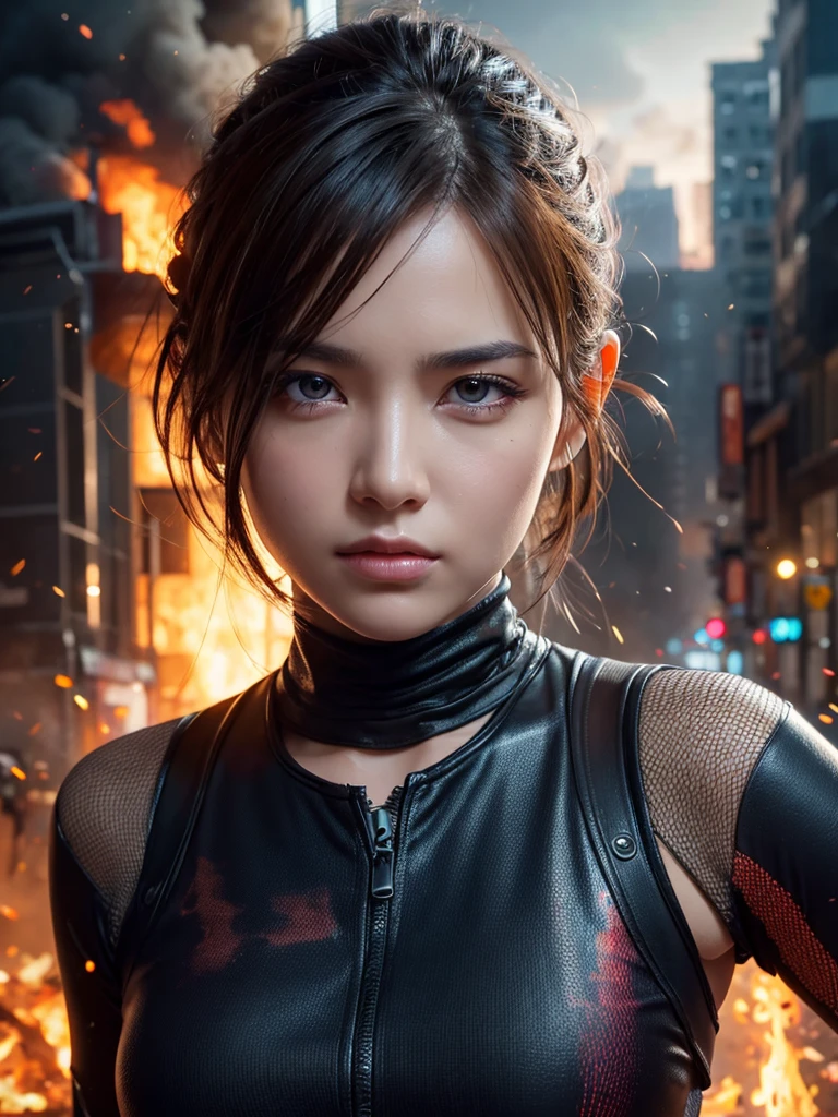 a beautiful woman with serious expression, torn clothing, detailed face and eyes, skin, in a destroyed cityscape with burning flames, 4k, 8k, highres, masterpiece:1.2, ultra-detailed, realistic, photorealistic, photo-realistic:1.37, HDR, UHD, studio lighting, ultra-fine painting, sharp focus, physically-based rendering, extreme detail description, professional, vivid colors, bokeh, portrait