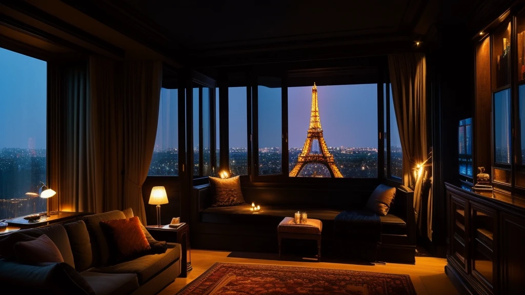 gorgeous dark modern bed room with candle and a book shelf, neo-romanticism, maximalism, by Raymond Han, luxury hotel calm, floor to ceiling window, picture of an interior loft, living room vibe, large windows background eiffel tower and starly night