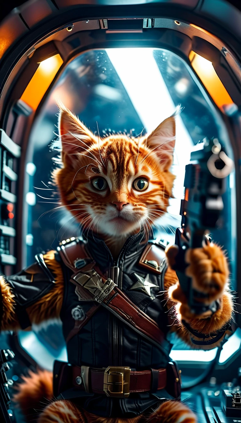 cinematic photo a detailed Award-winning photo, Cute red-haired cat space pirate in his spaceship ,Realistic fur, tooth , anger, Have a big futuristic gun, Epic pose, High quality photos, 3-point lighting, flash with softbox, 4K, Canon EOS R3, High resolution, Smooth, Sharp focus, High resolution, Award-winning photo, 80mm, F2.8, Bokeh . 35mm Photography, movie, Bokeh, Professional, 4K, Very detailed