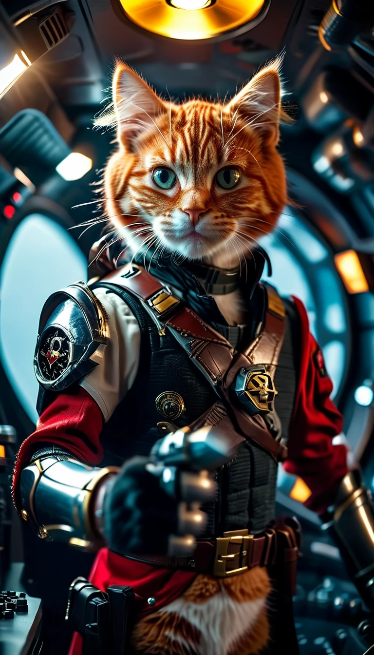 cinematic photo a detailed Award-winning photo, Cute red-haired cat space pirate in his spaceship ,Realistic fur, tooth , anger, Have a big futuristic gun, Epic pose, High quality photos, 3-point lighting, flash with softbox, 4K, Canon EOS R3, High resolution, Smooth, Sharp focus, High resolution, Award-winning photo, 80mm, F2.8, Bokeh . 35mm Photography, movie, Bokeh, Professional, 4K, Very detailed