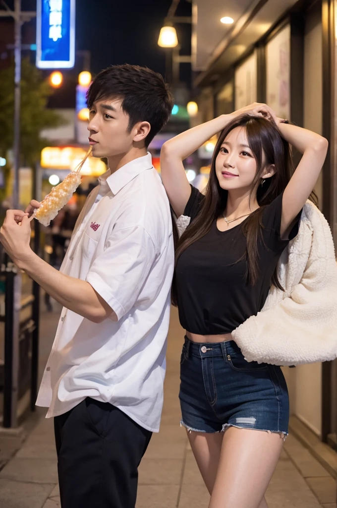Couple eating tendon and dancing