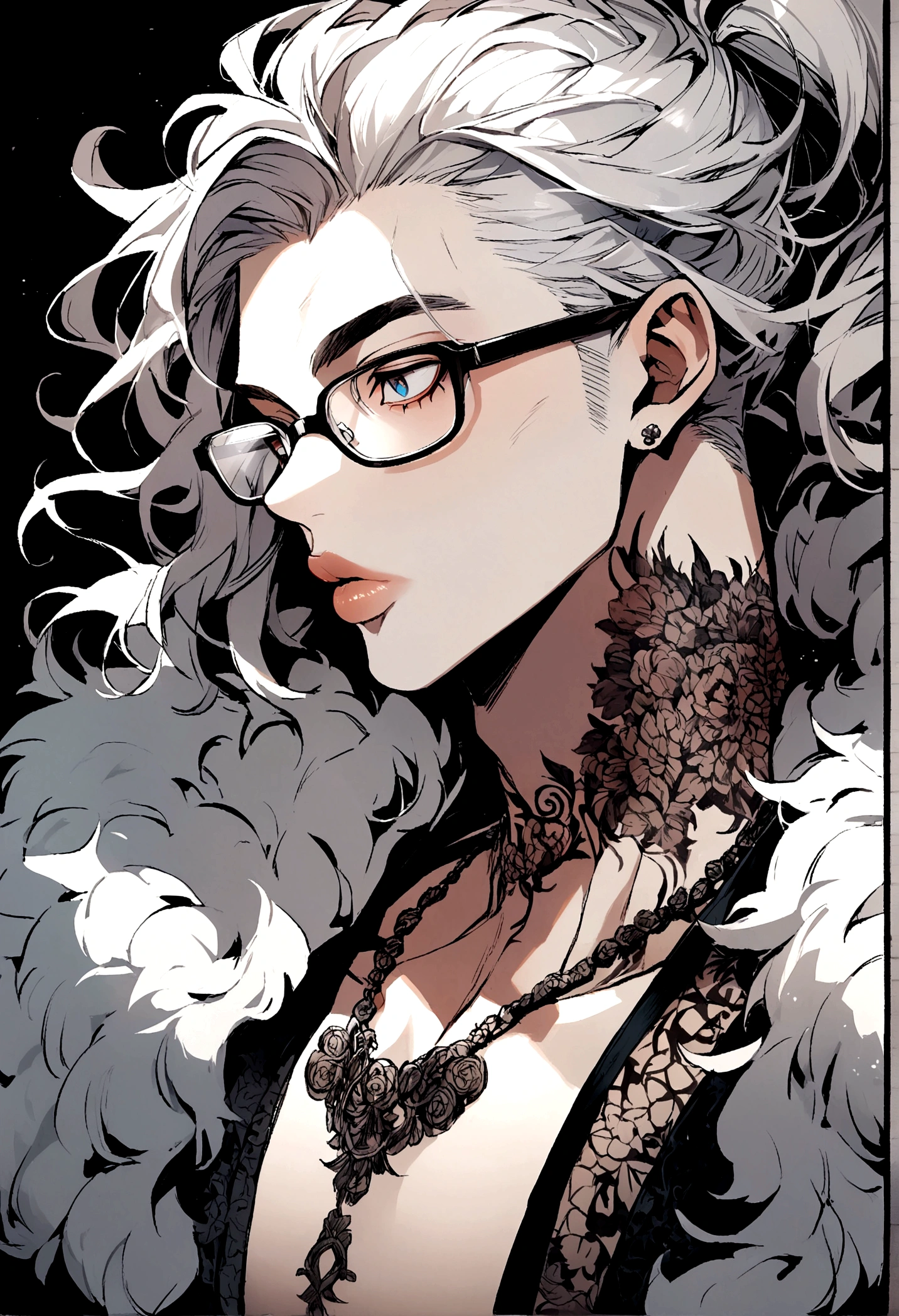 A boy, White hair, glasses, clear skin, with tattoos on the neck, fluffy lips,