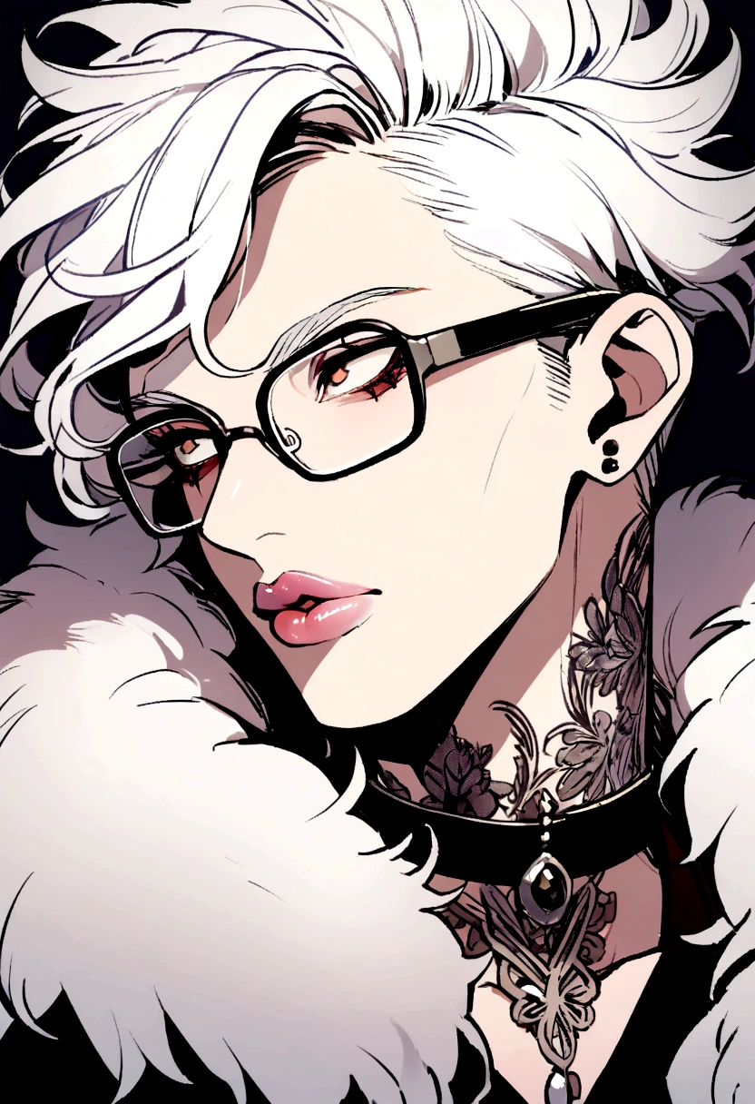 A boy, White hair, glasses, clear skin, with tattoos on the neck, fluffy lips,