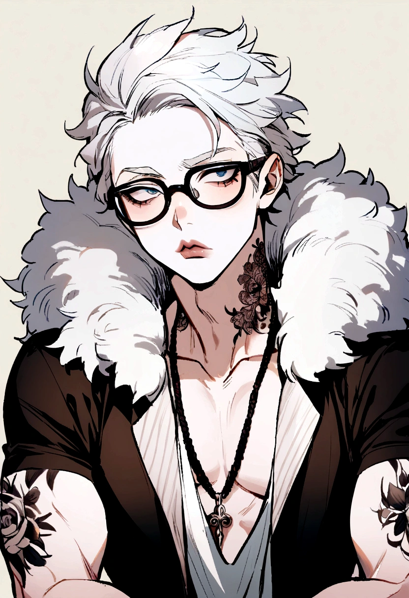 A boy, White hair, glasses, clear skin, with tattoos on the neck, fluffy lips,  
