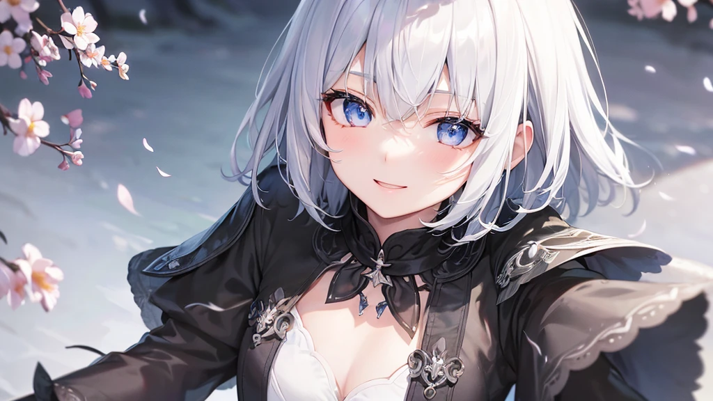 Ultra HD,Look at the viewers, Put your hands behind your back, With a girl, 20-year-old, 非常にShort Hair, Long bangs between the eyes, Pale blue eyes, Very detailed,(masterpiece、Highest quality),Gray Hair、Laughter、Fantastic, Silver Hair, Iris, Short hair、 Fluttering Hair、Small Face、明るいsmile、(Detailed face) ,Professional Lighting,Wonderful landscape,blue sky, sunlight,Looking down from above,Portraiture、Open your mouth、Flower Field、Her eyes were shining、Mysterious and enchanting atmosphere。With AI Painting、とてもShort Hair, Long bangs between the eyes, Very detailed,(masterpiece、Highest quality)、alone、Gray Hair、Fantasy, Silver Hair, Fantasyな風景、White shirt、smile、Open your mouth、short hair、Short Hair、hairpin、black eye、Grey Eyes、Beautiful Eyes、