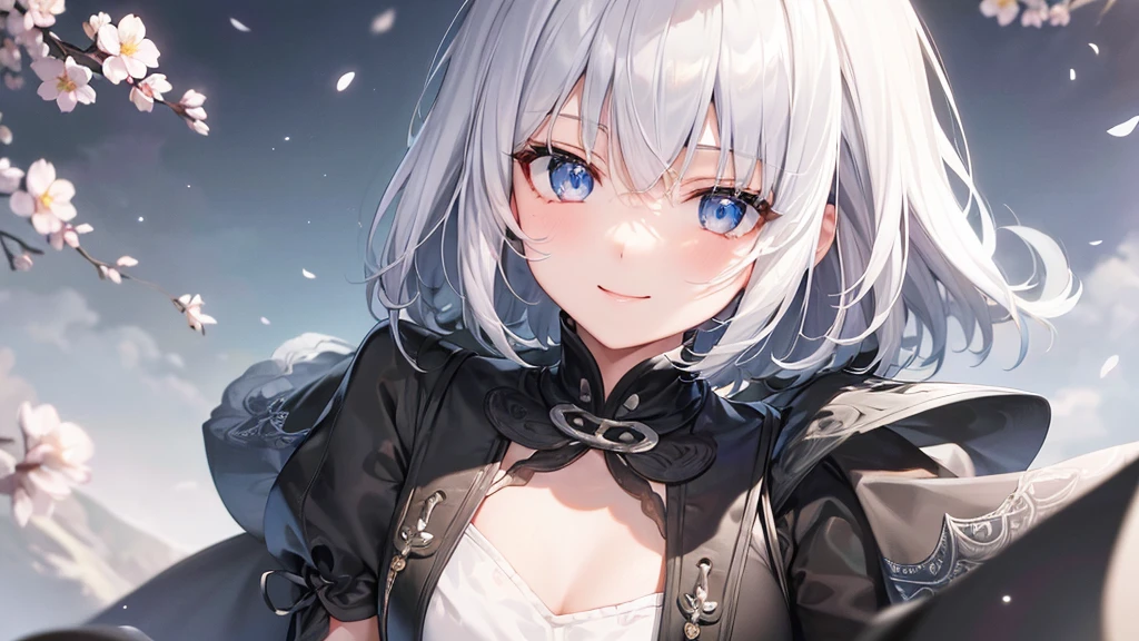 Ultra HD,Look at the viewers, Put your hands behind your back, With a girl, 20-year-old, 非常にShort Hair, Long bangs between the eyes, Pale blue eyes,  Very detailed,(masterpiece、Highest quality),Gray Hair、Laughter、Fantastic, Silver Hair, Iris,  Short hair、 Fluttering Hair、Small Face、明るいsmile、(Detailed face) ,Professional Lighting,Wonderful landscape,blue sky, sunlight,Looking down from above,Portraiture、Open your mouth、Flower Field、Her eyes were shining、Mysterious and enchanting atmosphere。With AI Painting、とてもShort Hair, Long bangs between the eyes, Very detailed,(masterpiece、Highest quality)、alone、Gray Hair、Fantasy, Silver Hair, Fantasyな風景、White shirt、smile、Open your mouth、short hair、Short Hair、hairpin、black eye、Grey Eyes、Beautiful Eyes、