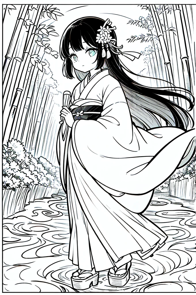 As a coloring book, the color should be black and white, the border should be simple, clear, and bold. A beautiful Asian girl with long, flowing black hair adorned with a delicate [flower hair ornament] is strolling through the picturesque [Arashiyama Bamboo Forest] in Kyoto, Japan. She is wearing a stunning [kimono with cherry blossom pattern], the vibrant colors contrasting with the serene green of the bamboo grove. The girl's expression exudes a sense of peace and tranquility as she immerses herself in the beauty of the natural surroundings.