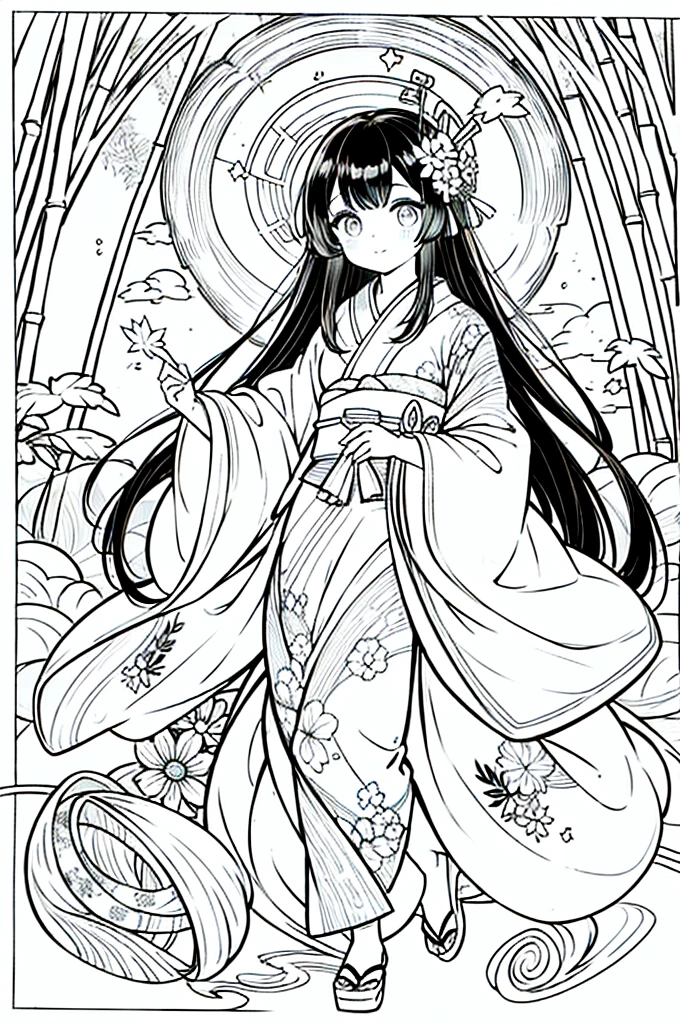 As a coloring book, the color should be black and white, the border should be simple, clear, and bold. A beautiful Asian girl with long, flowing black hair adorned with a delicate [flower hair ornament] is strolling through the picturesque [Arashiyama Bamboo Forest] in Kyoto, Japan. She is wearing a stunning [kimono with cherry blossom pattern], the vibrant colors contrasting with the serene green of the bamboo grove. The girl's expression exudes a sense of peace and tranquility as she immerses herself in the beauty of the natural surroundings.