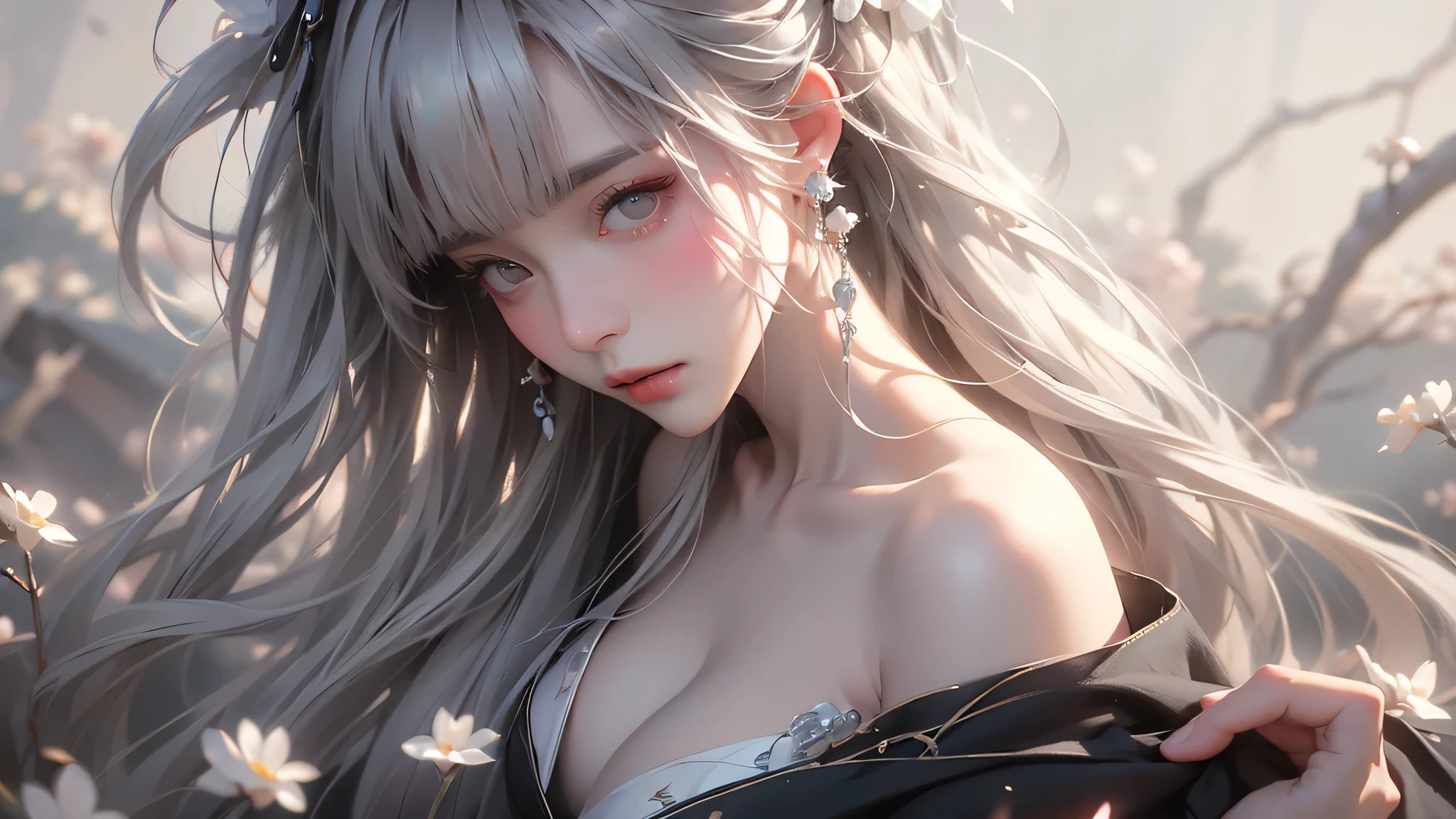 super high quality, masterpiece, Perfect illustration, Very detailed (Exquisite light and shadow, Very dramatic photo,Backlight) , ((Gray Hair:1.5))1 Girl,(( alone:1.6)), (Wearing Han clothes, Black and white Hanfu,Monotony,Long sleeve) Flower Field, Flowers, (White smoke:1.3) (Realistic:1.4), Zen Intertwining, Tangled, Official Art, unity 8k wallpaper, Very detailed, Beautiful and beautiful, masterpiece, Highest quality, (Dynamic Angle: 1.4), Glowing Skin, (Floating colorful flashes: 1) The most beautiful chaotic shapes, elegant, Brutalist Design, Bright colors, Romantic Depth of Field Exotic_dance, half_naked、Expose your shoulders、Ample breasts、Great cleavage、