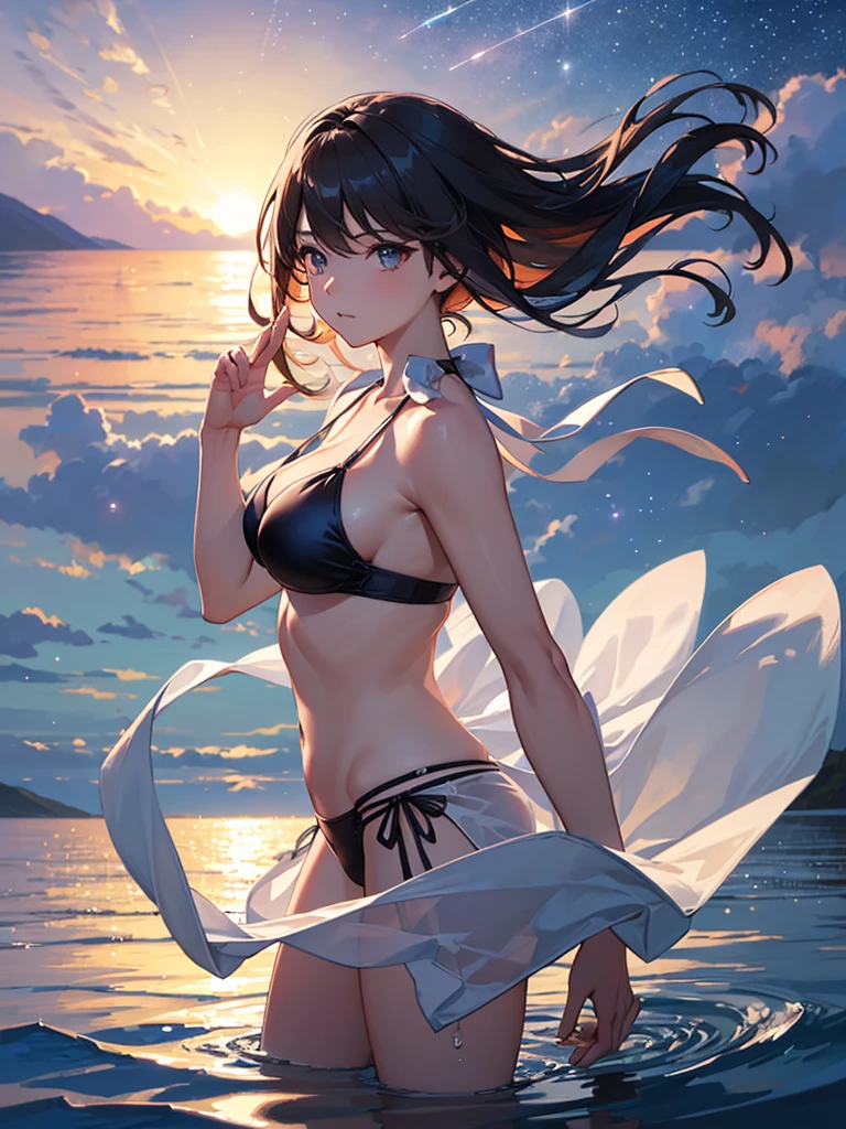 ((masterpiece, best quality:1.2)), High Definition, 8k wallpaper, dreamy atmosphere, Starry sky, [1girl:0.2], (Straight Hair, Hair blowing in the wind, The gesture of brushing back hair, Looking into the distance, Sexy Bikini Armor:1.2, No Clothes), shooting star, evening sunset, reflected in water under a starry sky,