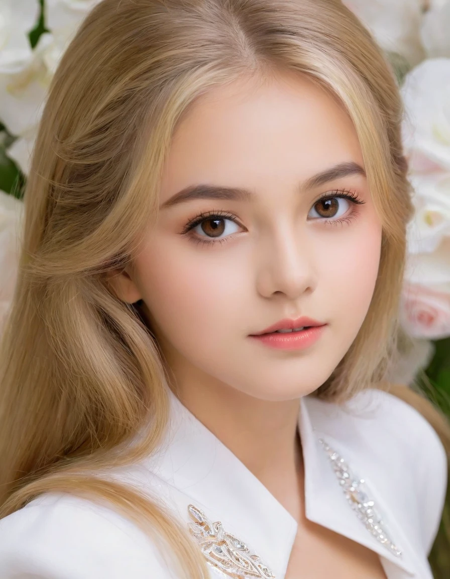 1 young American girl 12 years old, Beautifull, Alone, your voice is clear, long blonde hair, long and blond hair,with a subtle rosy glow on her cheeks, and carries himself with an air of elegance and poise. His eyebrows are arched and well groomed.., and her eyelashes are long and dark, highlighting her captivating brown eyes. Despite his elegant demeanor, there is an underlying force in his gaze.