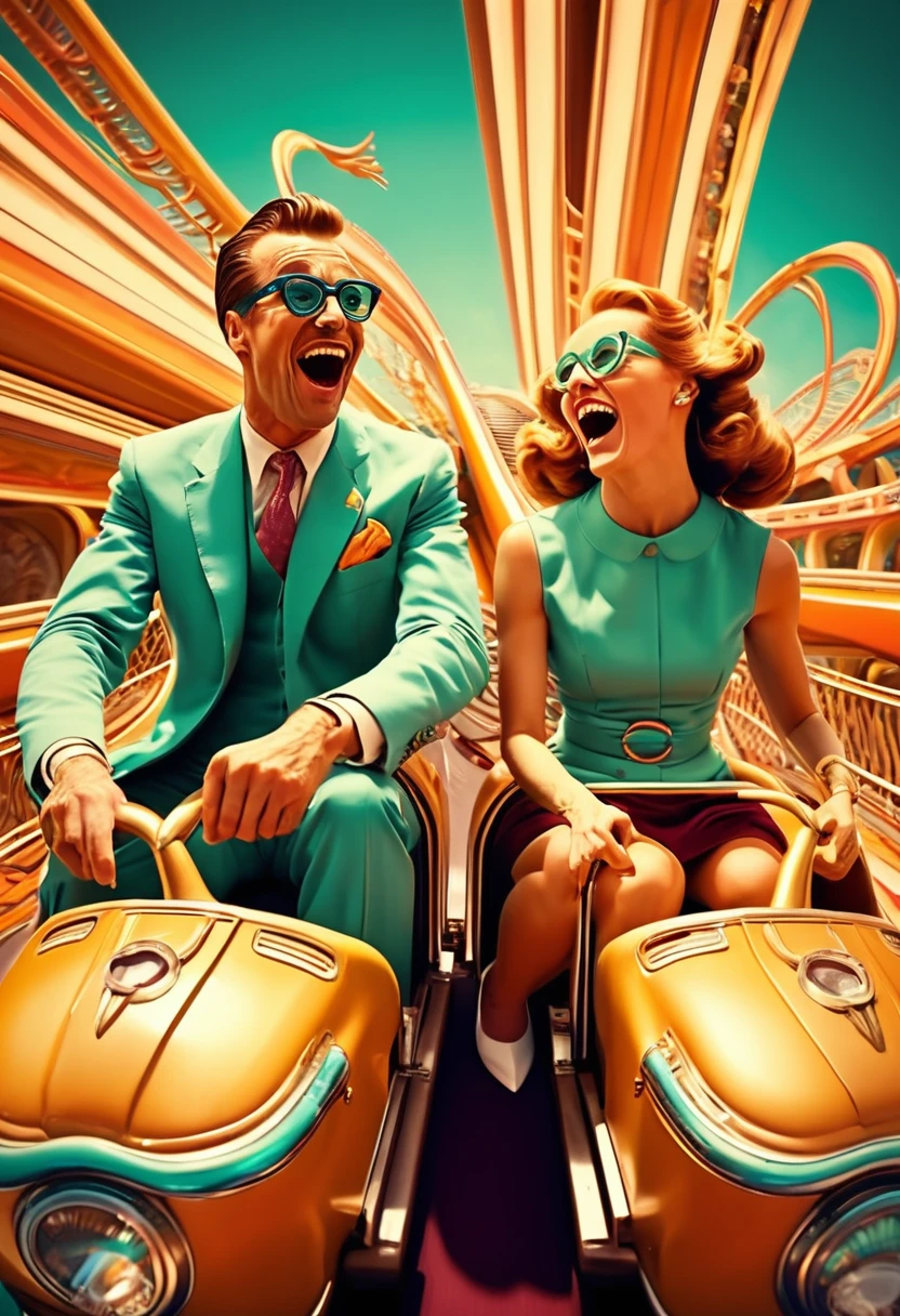 a couple riding on a retro-style rollercoaster, making exaggerated facial expressions, detailed 1960s aesthetic, cinematic lighting, dramatic shadows, vibrant colors, photorealistic, ultra-detailed, masterpiece, 8k