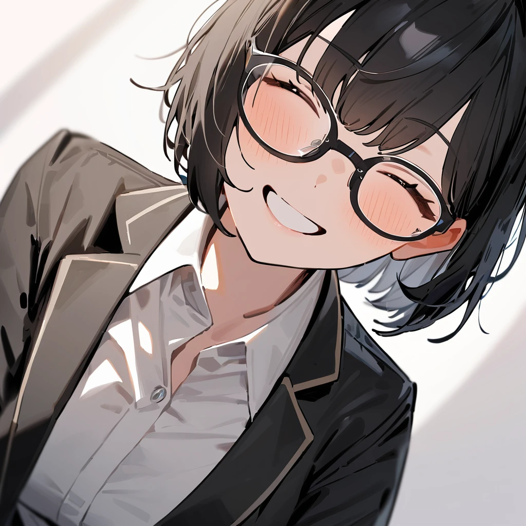 masterpiece, Highest quality, so beautiful, Absurd,
One girl, alone, Black Hair, Bobcut,
Thermont 16A, Glasses, 
Collared shirt, Happy, smile, View your viewers, Glassesの調整, White Background, Simple Background,
 