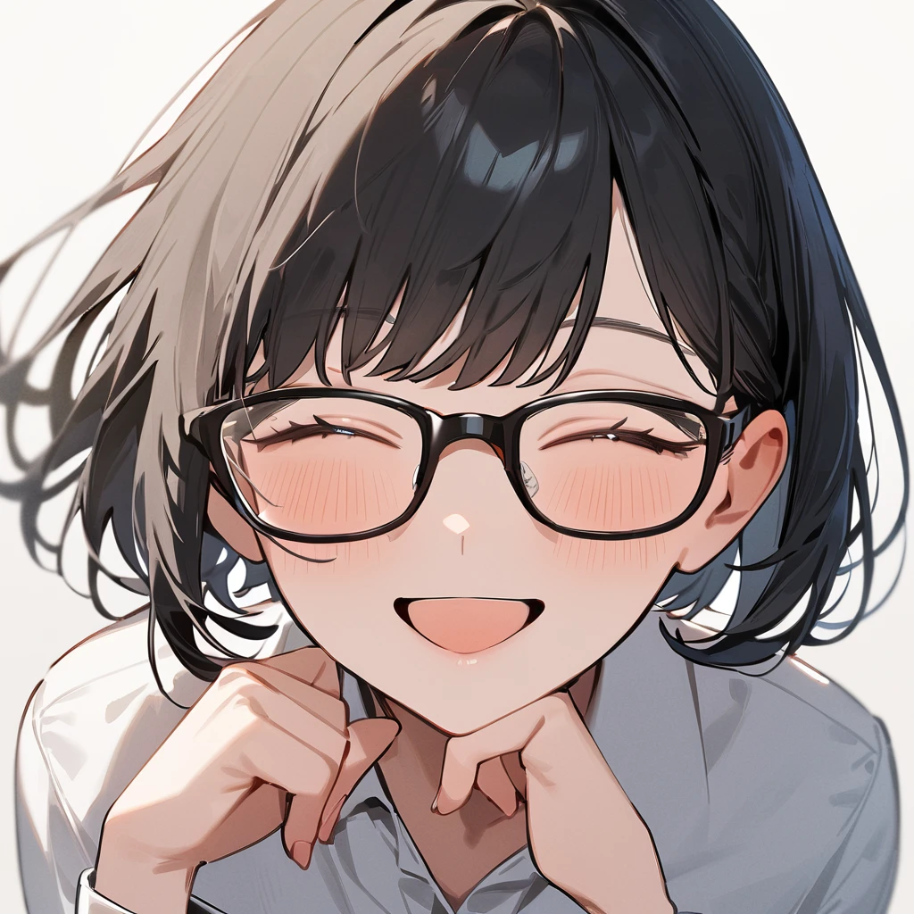 masterpiece, Highest quality, so beautiful, Absurd,
One girl, alone, Black Hair, Bobcut,
Thermont 16A, Glasses, 
Collared shirt, Happy, smile, View your viewers, Glassesの調整, White Background, Simple Background,
 