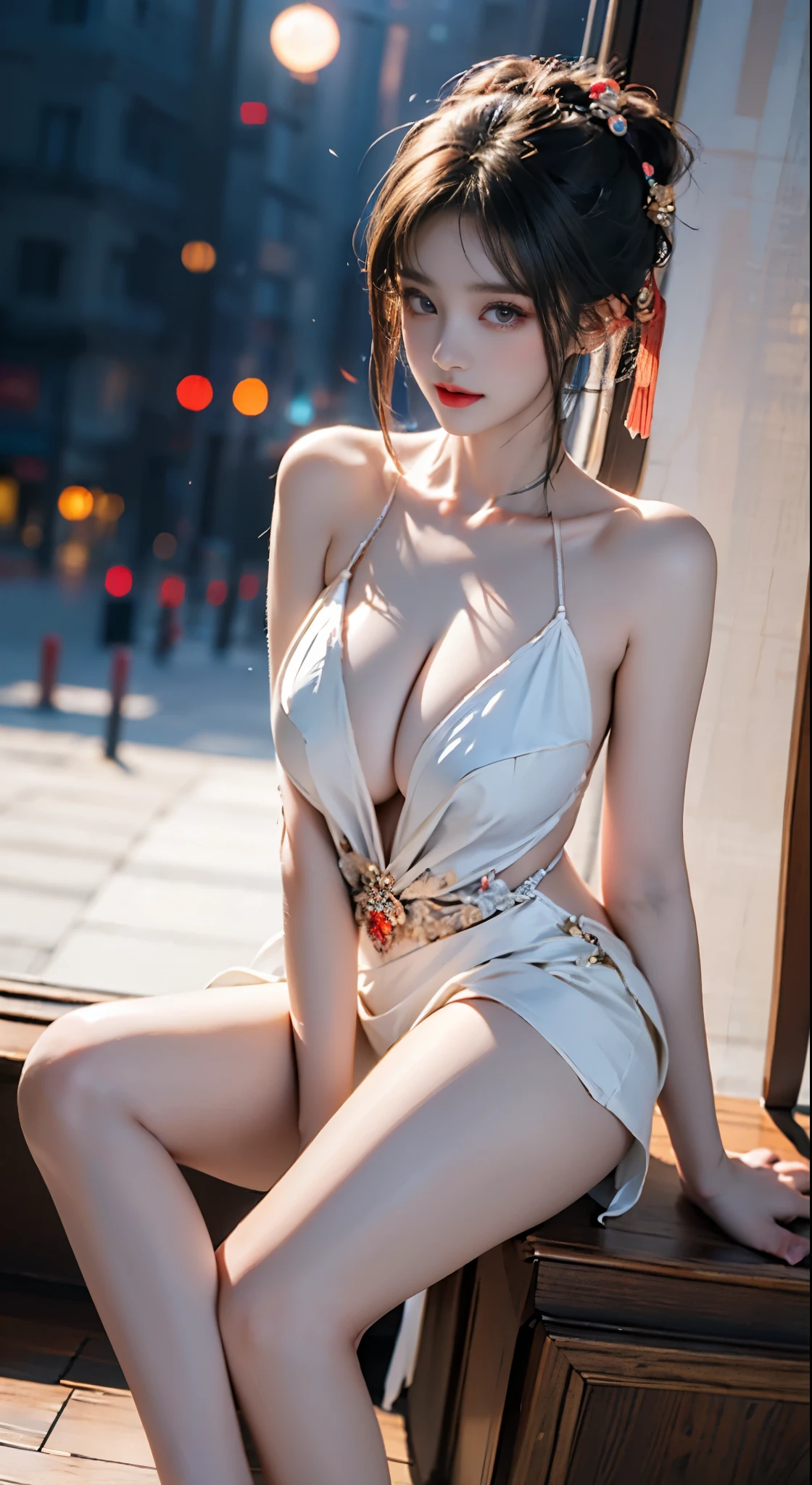 Special clothes43,hair bun,china dress,hair ornament, ((Bare shoulders)), ((Full breasts)), ((Very big breasts)), ((I-type Valley)), ((The skirt is very short)), ((Very beautiful legs)), ((Sitting position)), ((full body, from below)), actual, Fashion Girl, red lips, Mature women, Exquisite makeup, big eyes, beautiful, (best quality, masterpiece:1.2), Super detailed, (actual:1.37), ((Random Scenes, Random shooting angle)), Young and energetic, Charming model, (Exquisite eyes, delicate lips), Show a bright smile, Create stunning girl images, warm color, Extremely saturated colors, Official Art, Extremely detailed CG, Unity 8k Wallpaper, (High Dynamic Range :1.4), (Movie atmosphere),(Soft colors), (Natural skin texture, ultra-actual, Soft Light, sharp),(Very detailed), night, moonlight, ((Correct Legs)), ((Anatomically correct))