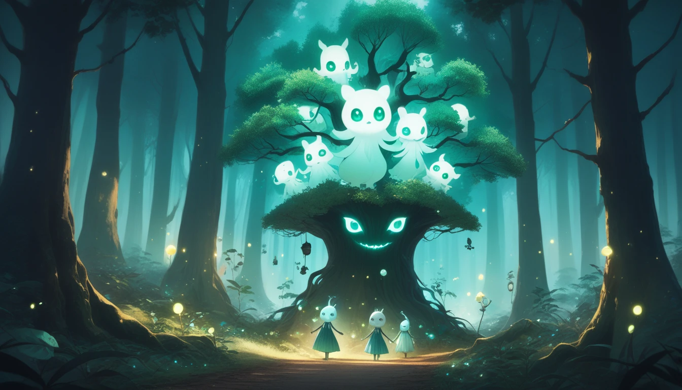 Small, friendly tree spirits called Kodama appear around Aya, guiding her through the forest. The Kodama are whimsical and playful, with glowing eyes and a magical presence.