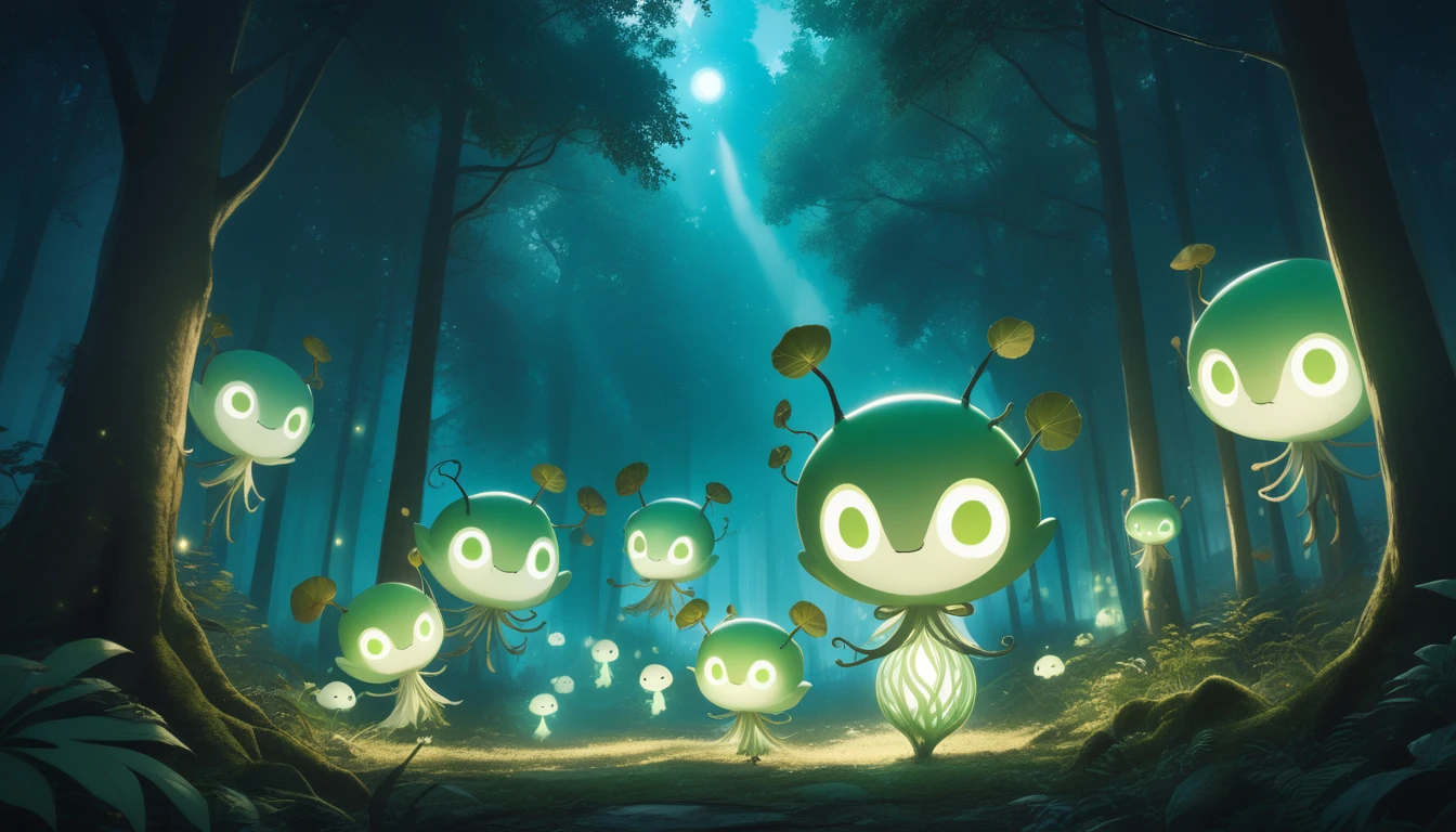Small, friendly tree spirits called Kodama appear around Aya, guiding her through the forest. The Kodama are whimsical and playful, with glowing eyes and a magical presence.
