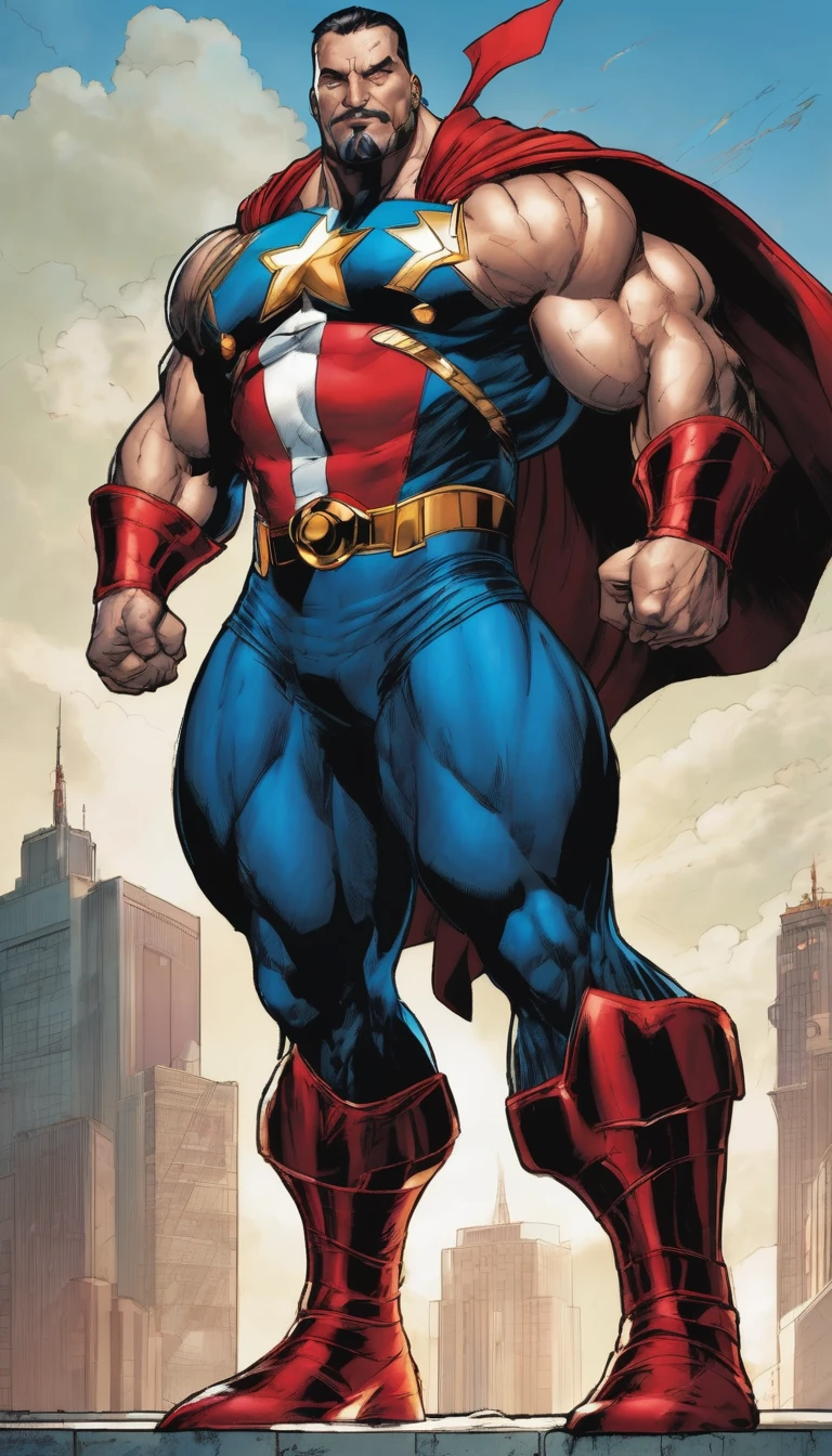 The Giant Guardian, a non-standard superhero with a large physique and thin goatee, sports a vibrant and heroic costume. His confident expression and strong muscles convey power and determination. Despite his unusual appearance, he is the embodiment of heroism, proving that inner strength and kindness are worth more than ripped muscles.