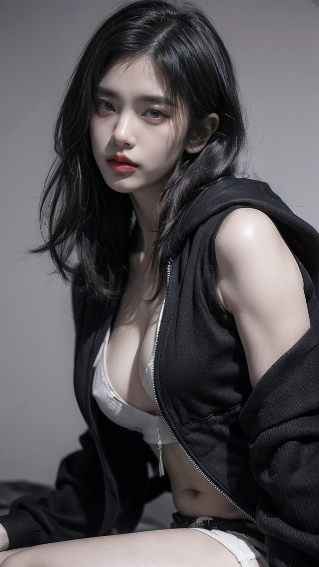 photorealistic, high resolution, (cowboy shot:1), soft light,1 girl, (Lying on Side pose), (hair flip), (detailed face), brown black hair, long hair, plumpy body, cleavage, narutal big breast, (cloth colors based on black and white), (wear black bomber hoodie), (gray background), gray background