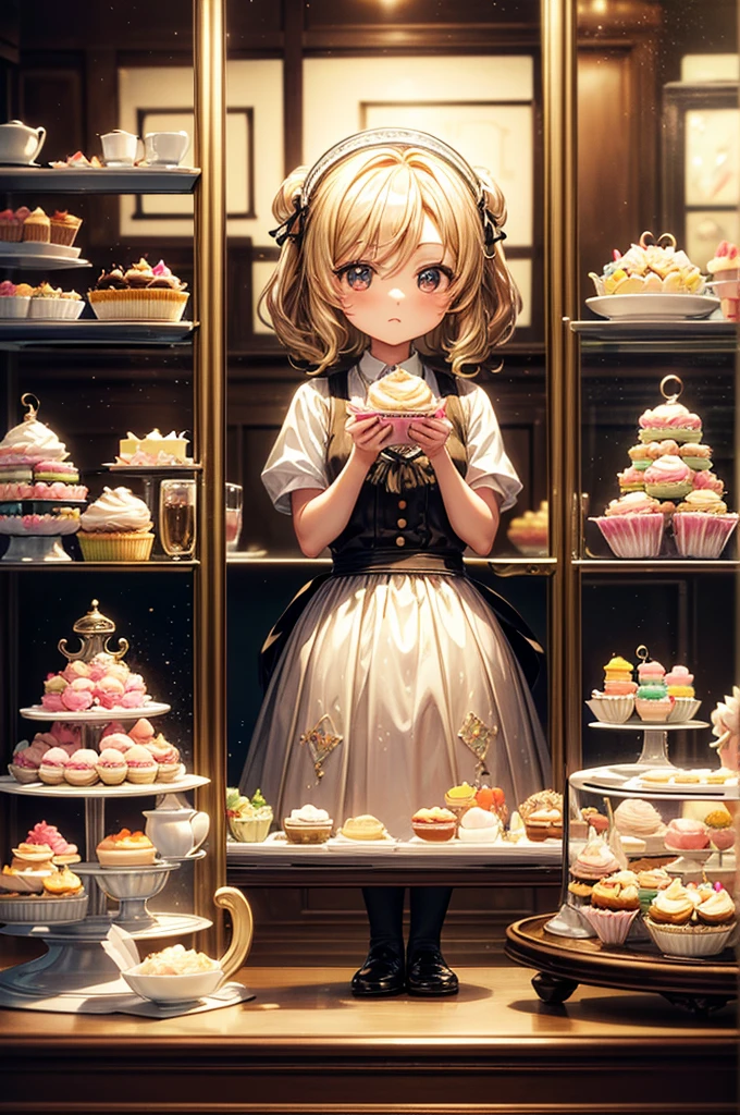 masterpiece, highly detailed, (chibi:1.3), , (1girl), blonde hair, pastel colors, cozy atmosphere, dessert display case, macarons, cupcakes, tarts, cakes, coffee machine, chalkboard menu, natural lighting, glass jars filled with candy, frosted window panes, decorative plates, whimsical decor, sugar sculptures,