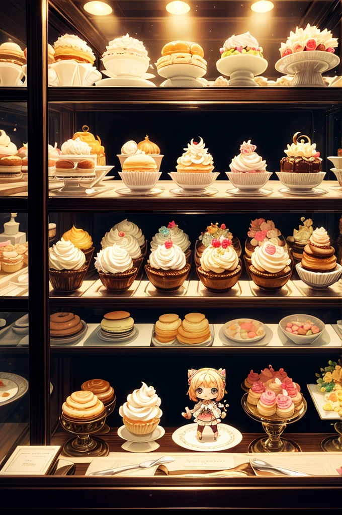 masterpiece, highly detailed, (chibi:1.3), , (1girl), blonde hair, pastel colors, cozy atmosphere, dessert display case, macarons, cupcakes, tarts, cakes, coffee machine, chalkboard menu, natural lighting, glass jars filled with candy, frosted window panes, decorative plates, whimsical decor, sugar sculptures,
