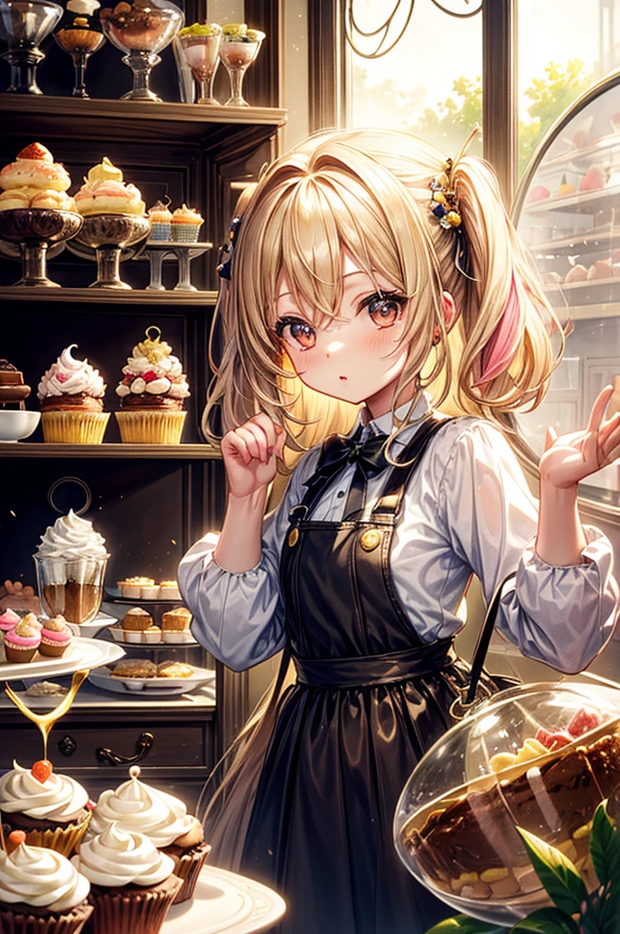 masterpiece, highly detailed, (chibi:1.3), , (1girl), blonde hair, pastel colors, cozy atmosphere, dessert display case, macarons, cupcakes, tarts, cakes, coffee machine, chalkboard menu, natural lighting, glass jars filled with candy, frosted window panes, decorative plates, whimsical decor, sugar sculptures,
