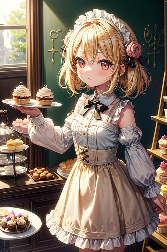 masterpiece, highly detailed, (chibi:1.3), , (1girl), blonde hair, pastel colors, cozy atmosphere, dessert display case, macarons, cupcakes, tarts, cakes, coffee machine, chalkboard menu, natural lighting, glass jars filled with candy, frosted window panes, decorative plates, whimsical decor, sugar sculptures,