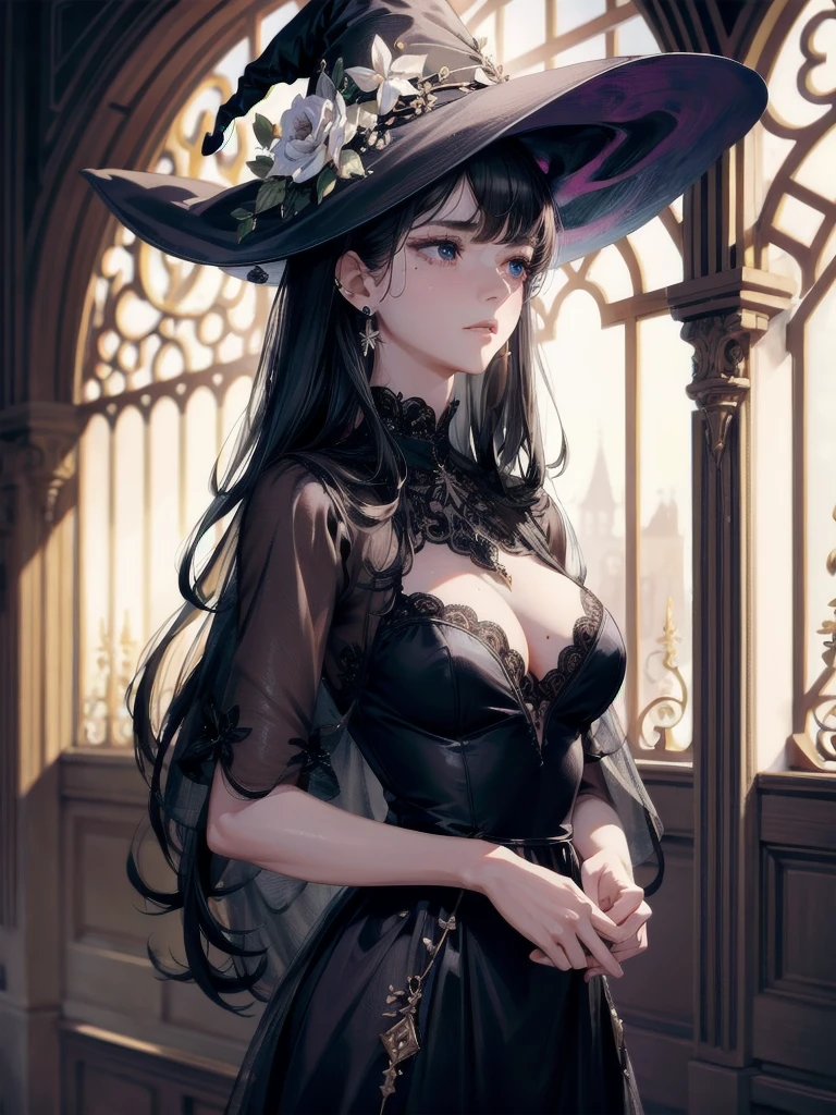absurdres, RAW photo, extremely delicate and beautiful, masterpiece, Best Quality, ultra high resolution, 32k, hyperrealistic, ultra-detailed, delicate facial features, beautiful detailed woman, tearful mole, earring, medium breasts, full body shot, medium hair, black hair, Witch dress,